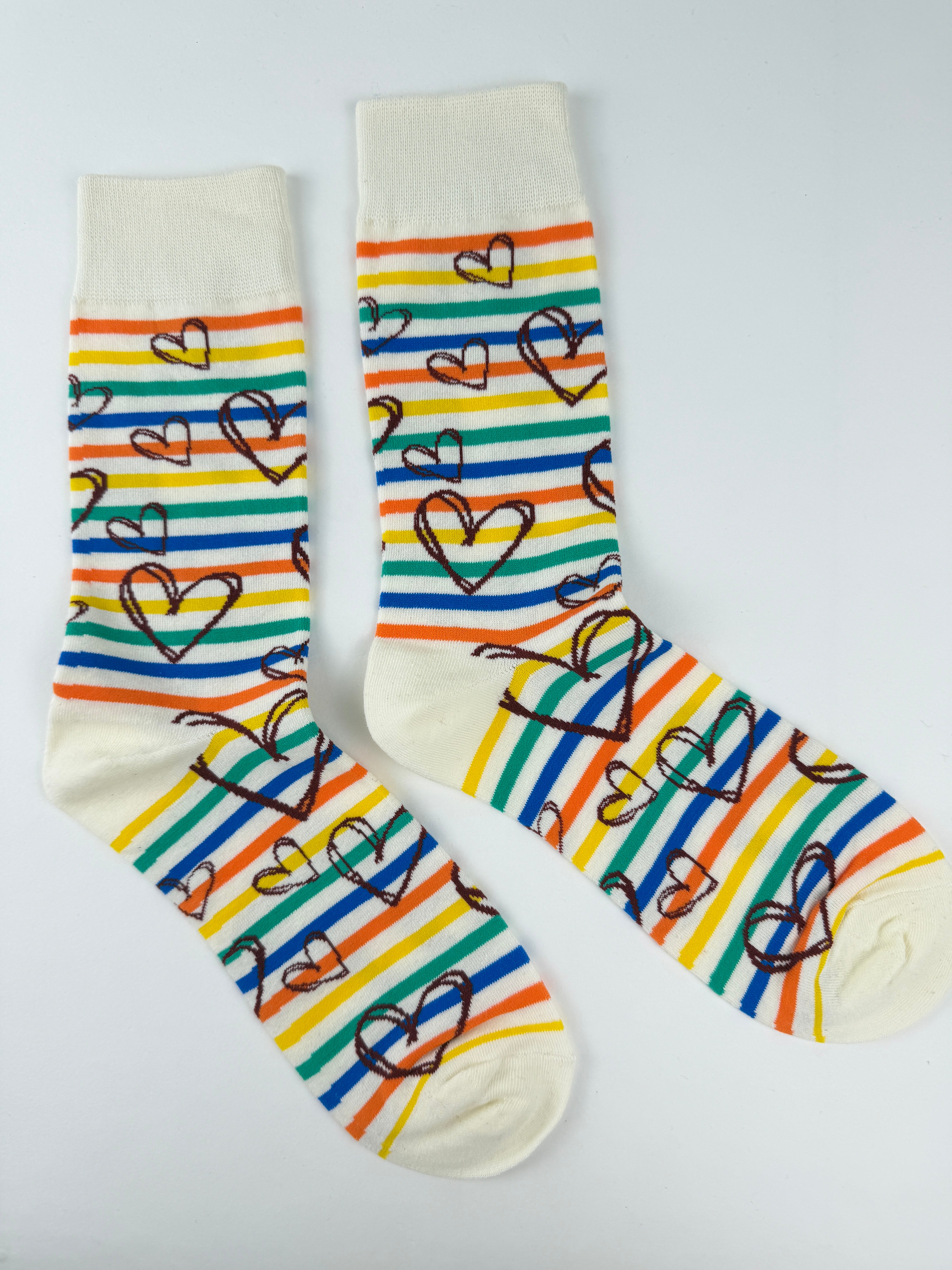 Valentine’s Socks – Rainbow Striped Doodle Hearts Crew Socks Unisex