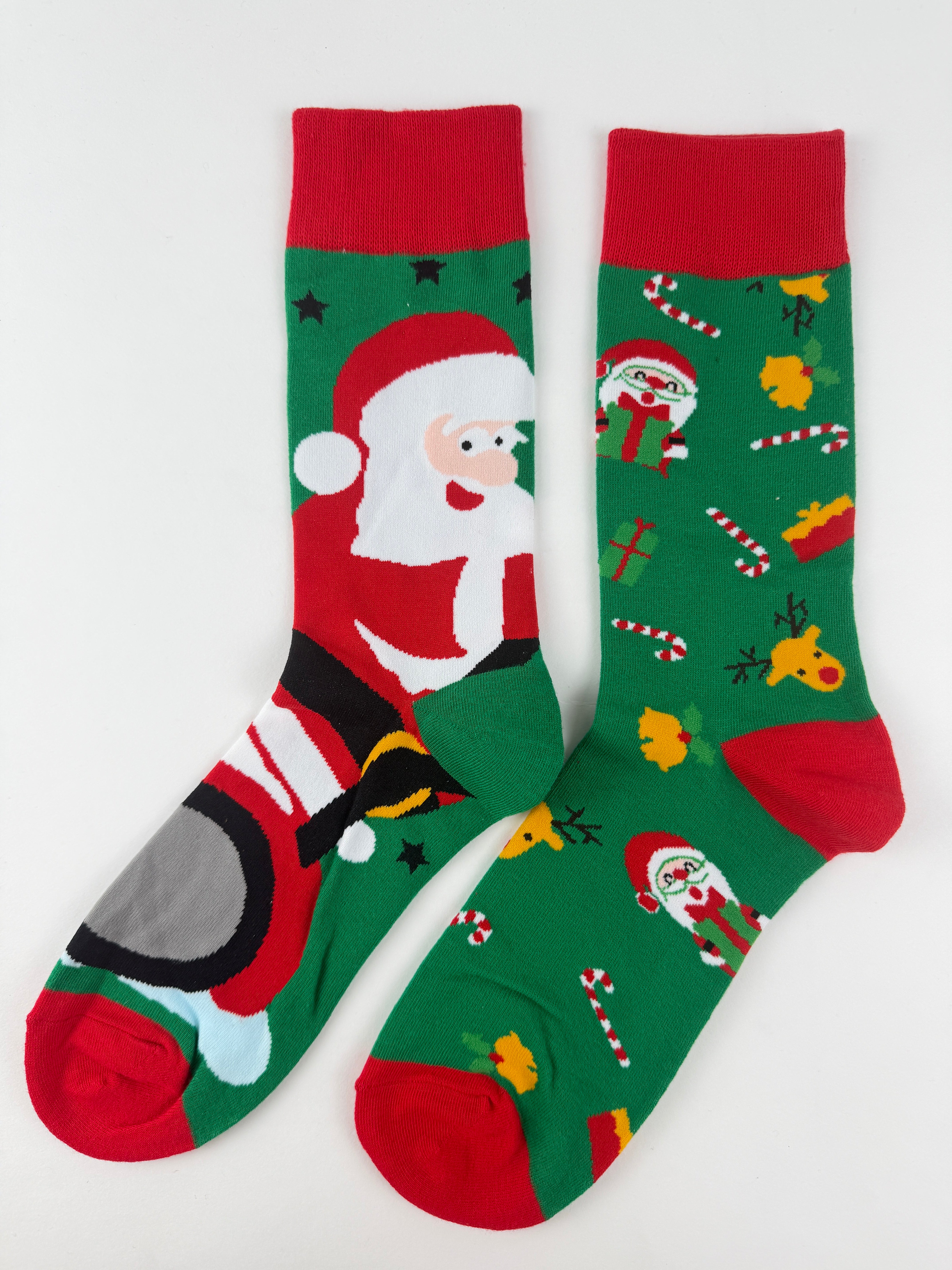 Funny Christmas Socks – Santa & Sleigh Mismatched Holiday Crew