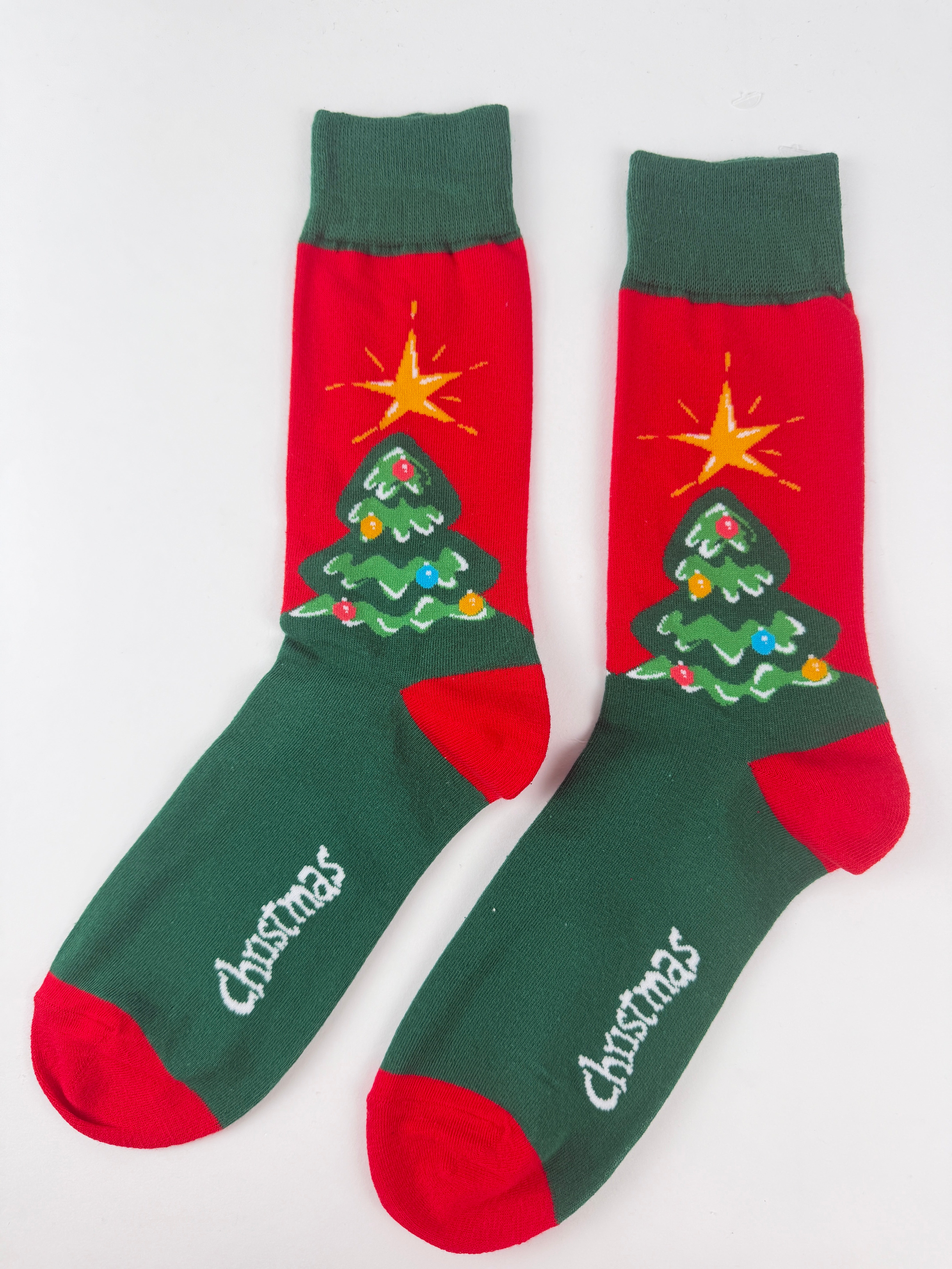 Christmas Tree Socks – Festive Green & Red Crew