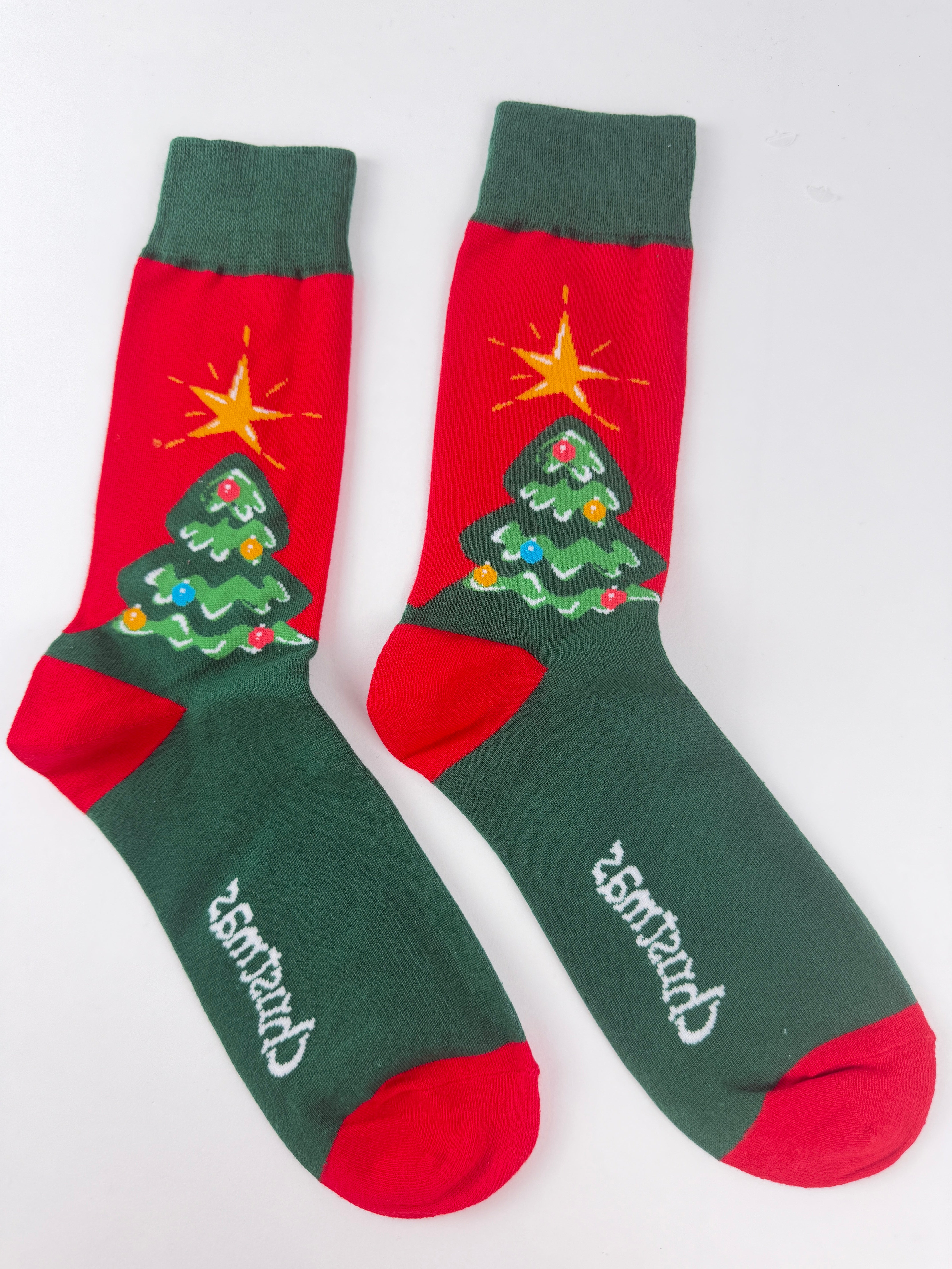 Christmas Tree Socks – Festive Green & Red Crew