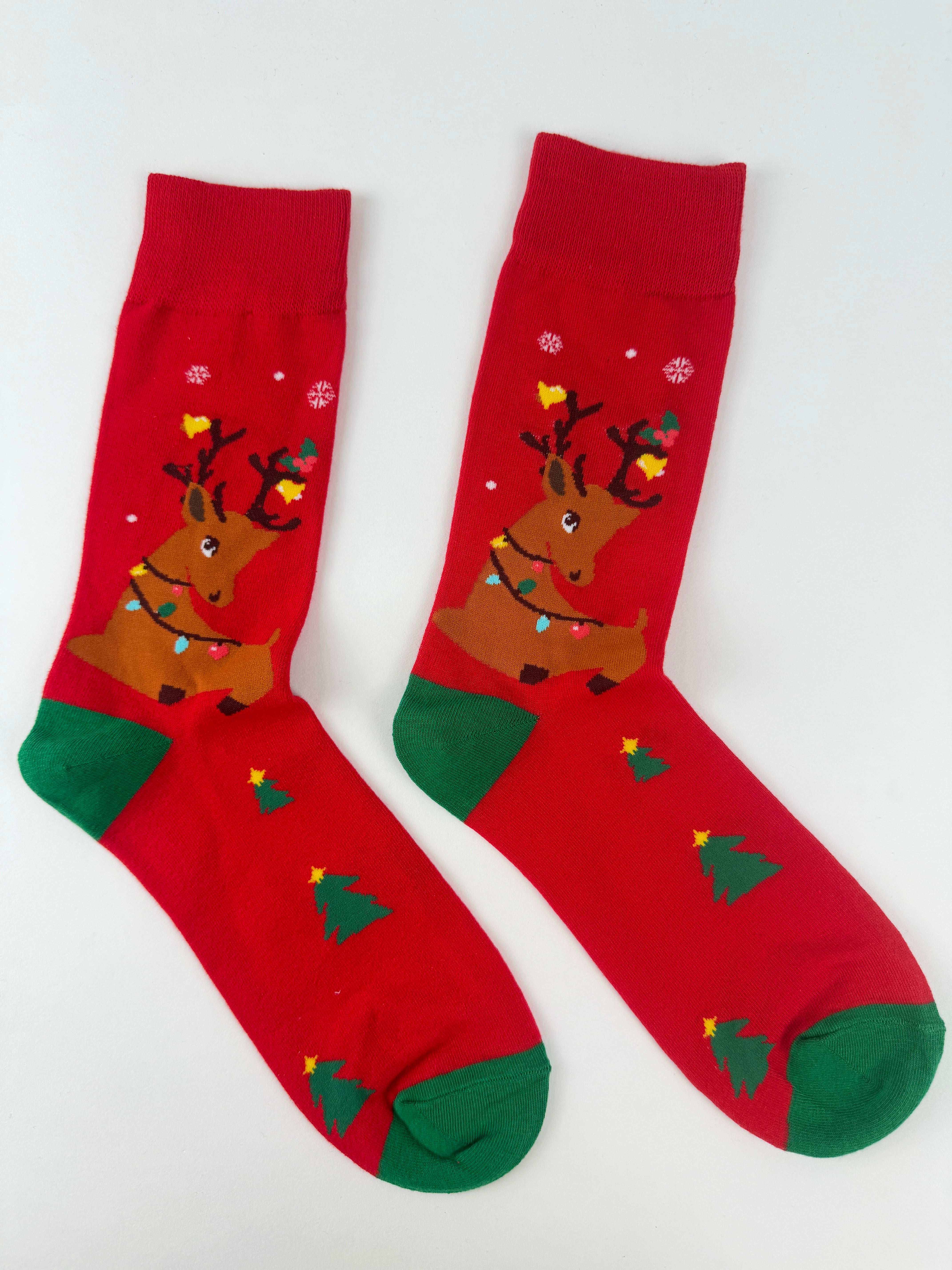 Reindeer Christmas Socks – Festive Red Crew with Lights