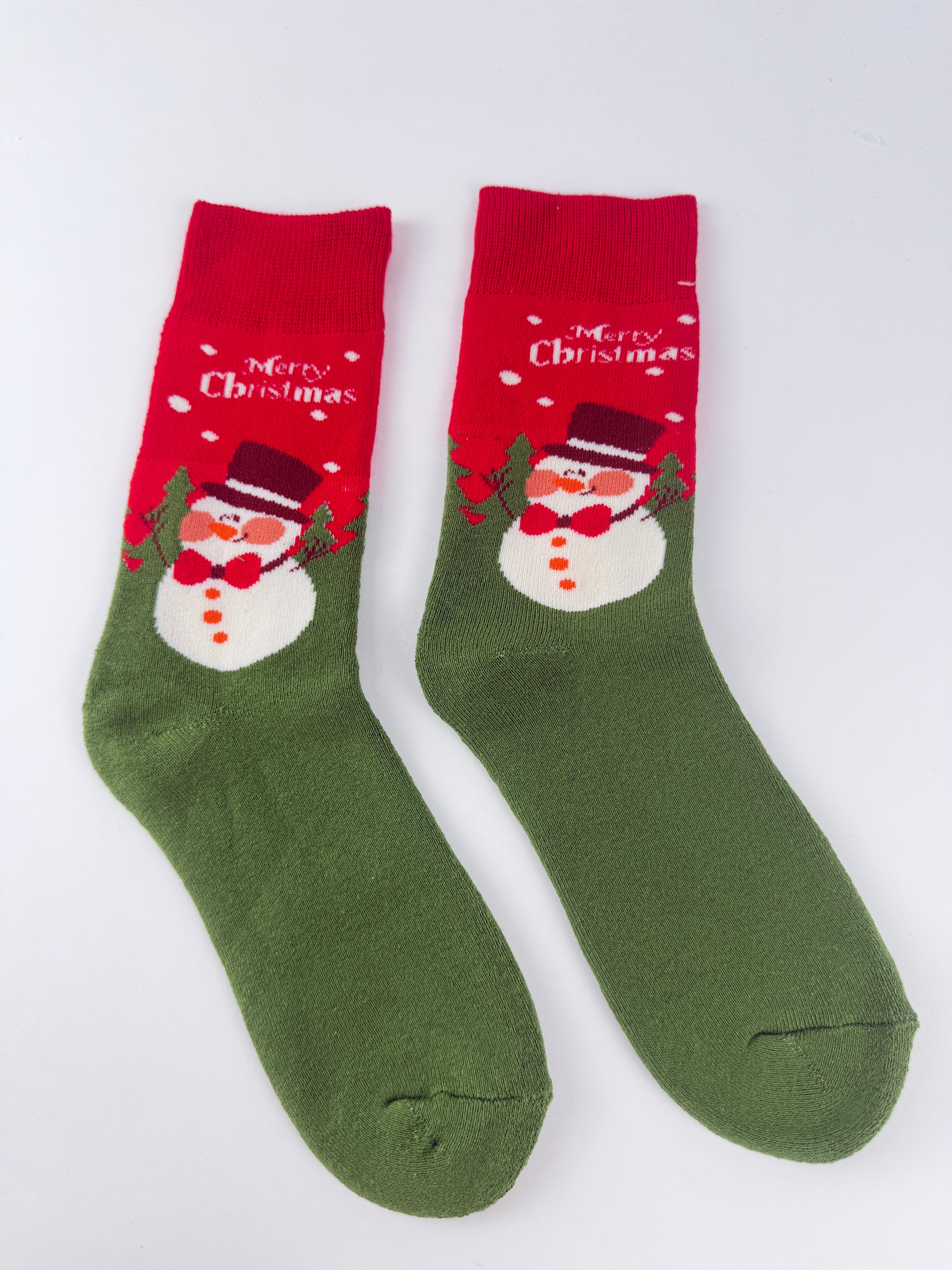 Festive Snowman Christmas Socks – Green & Red Crew