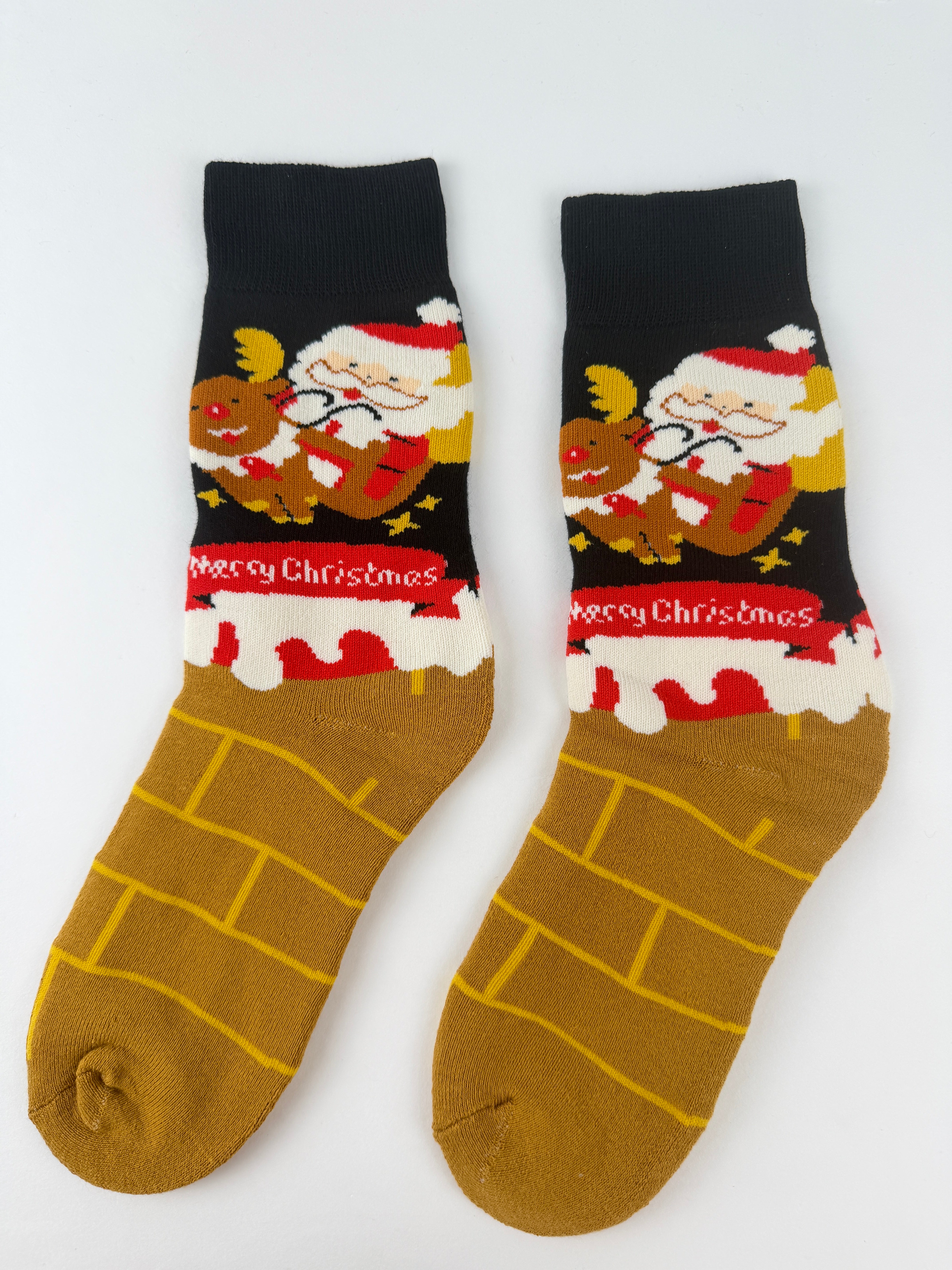Santa & Reindeer Chimney Christmas Socks – Black and Brown Crew