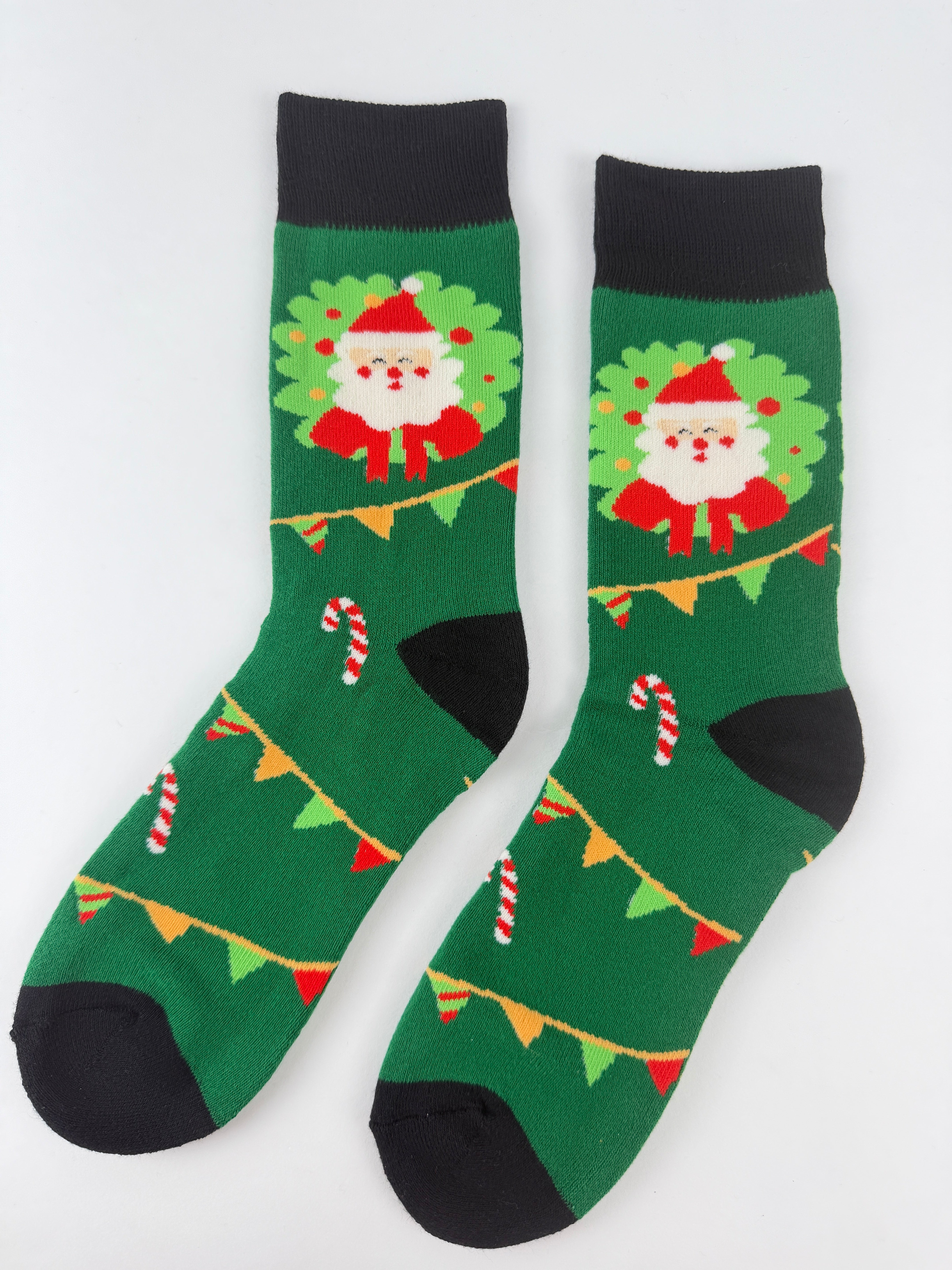 Santa Garland Candy Cane Socks – Green Christmas Crew