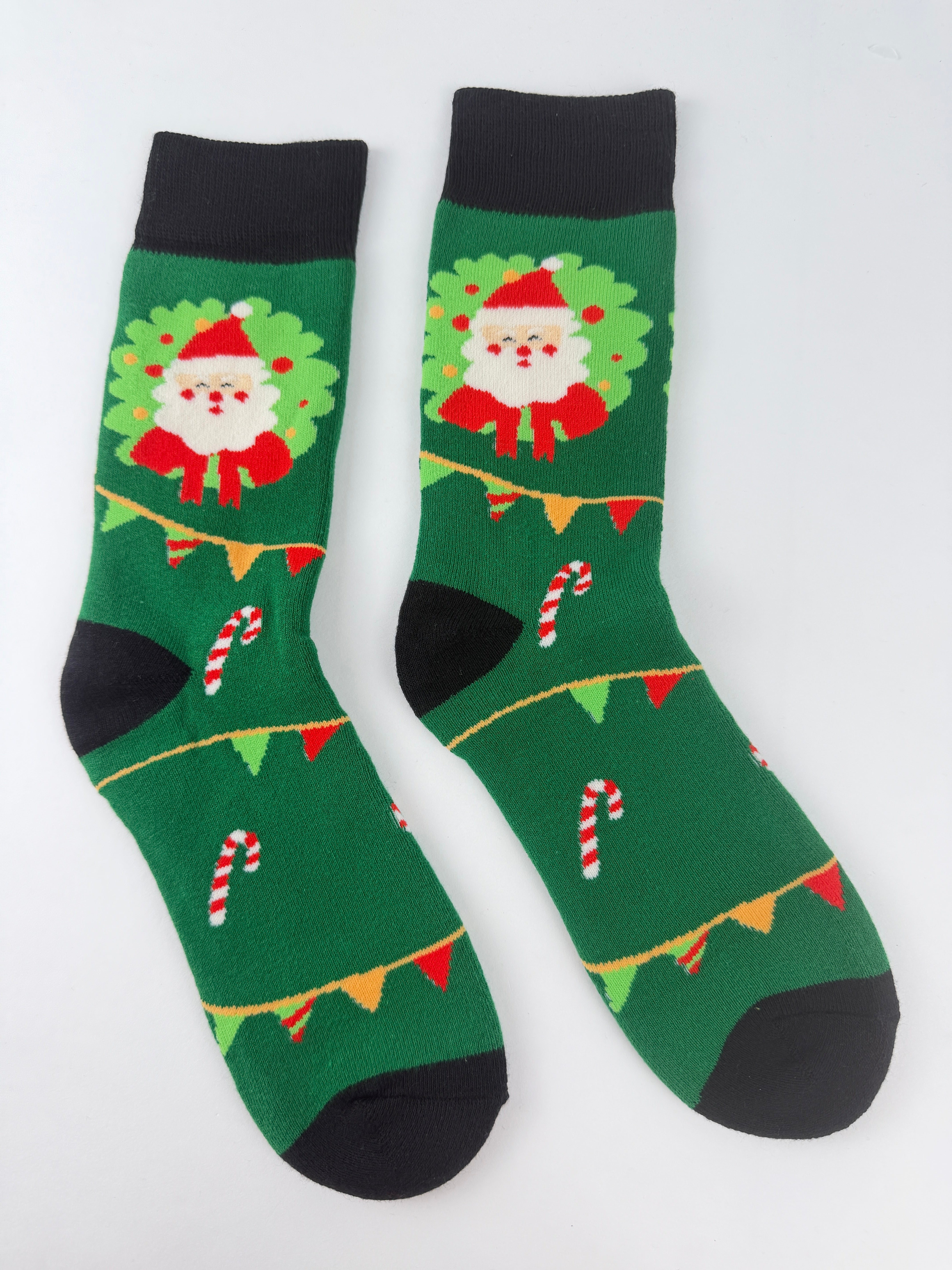 Santa Garland Candy Cane Socks – Green Christmas Crew