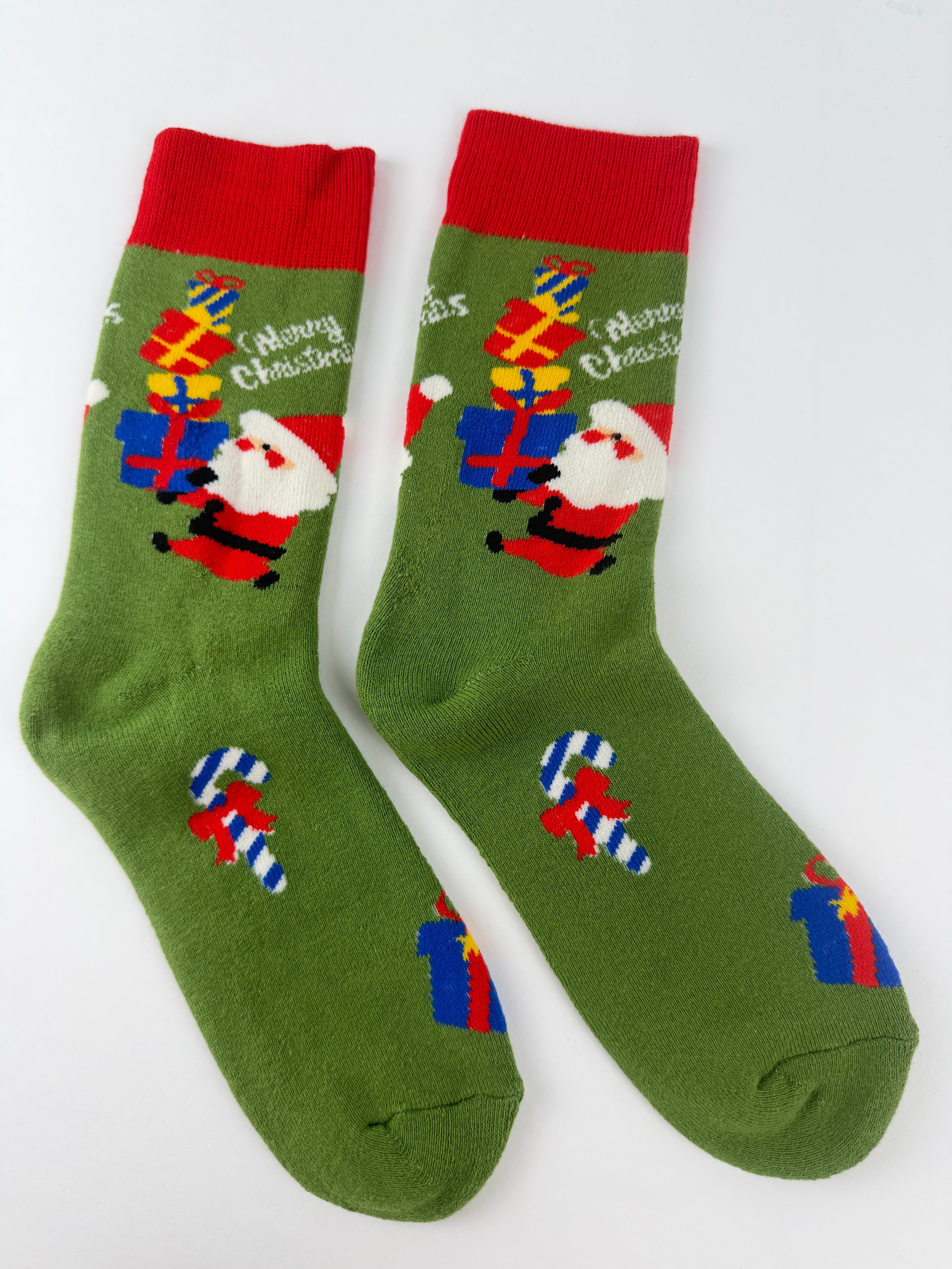 Santa with Gift Boxes Christmas Socks – Green Holiday Crew