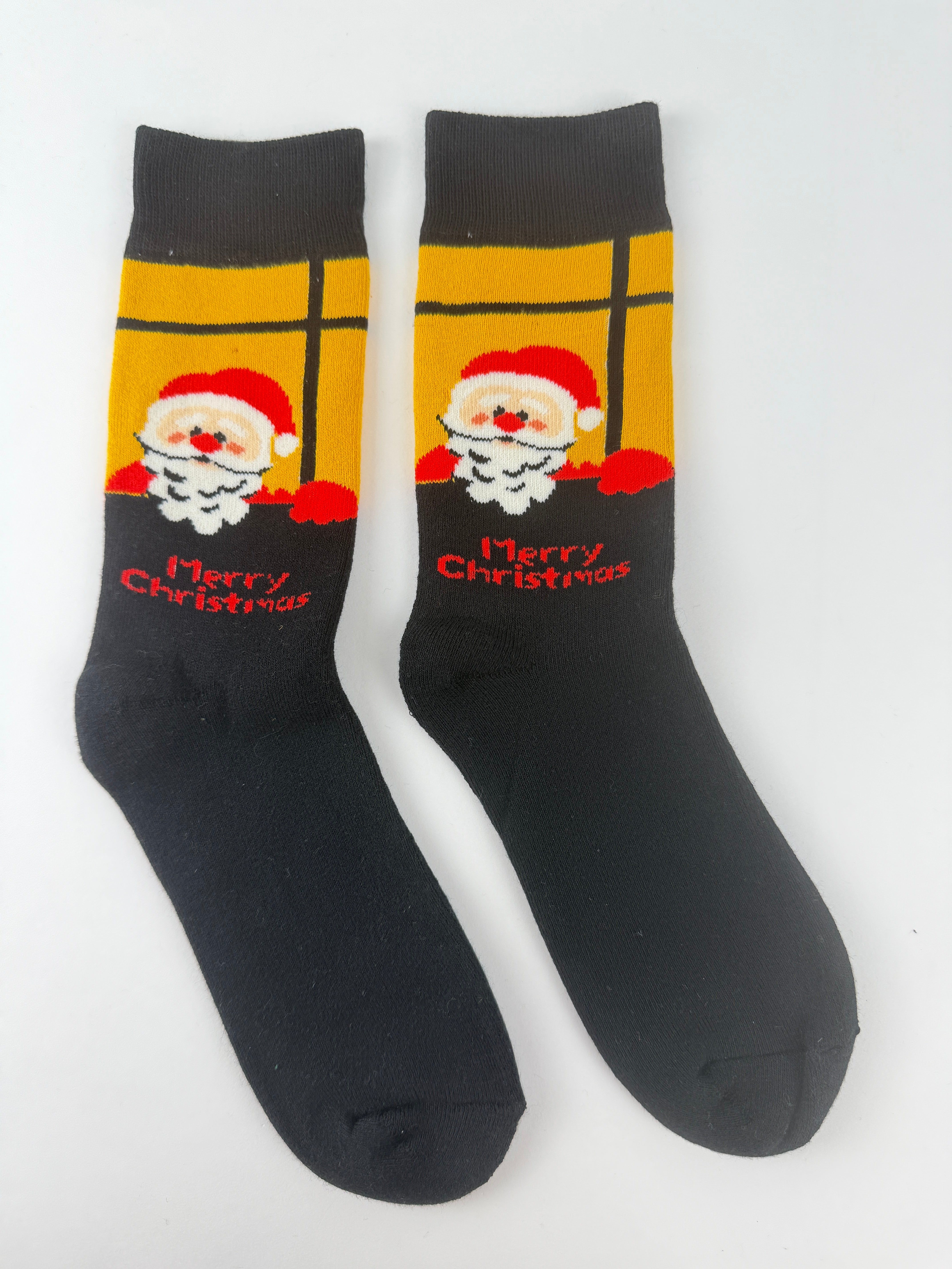 Santa Window Christmas Socks – Black & Gold Crew