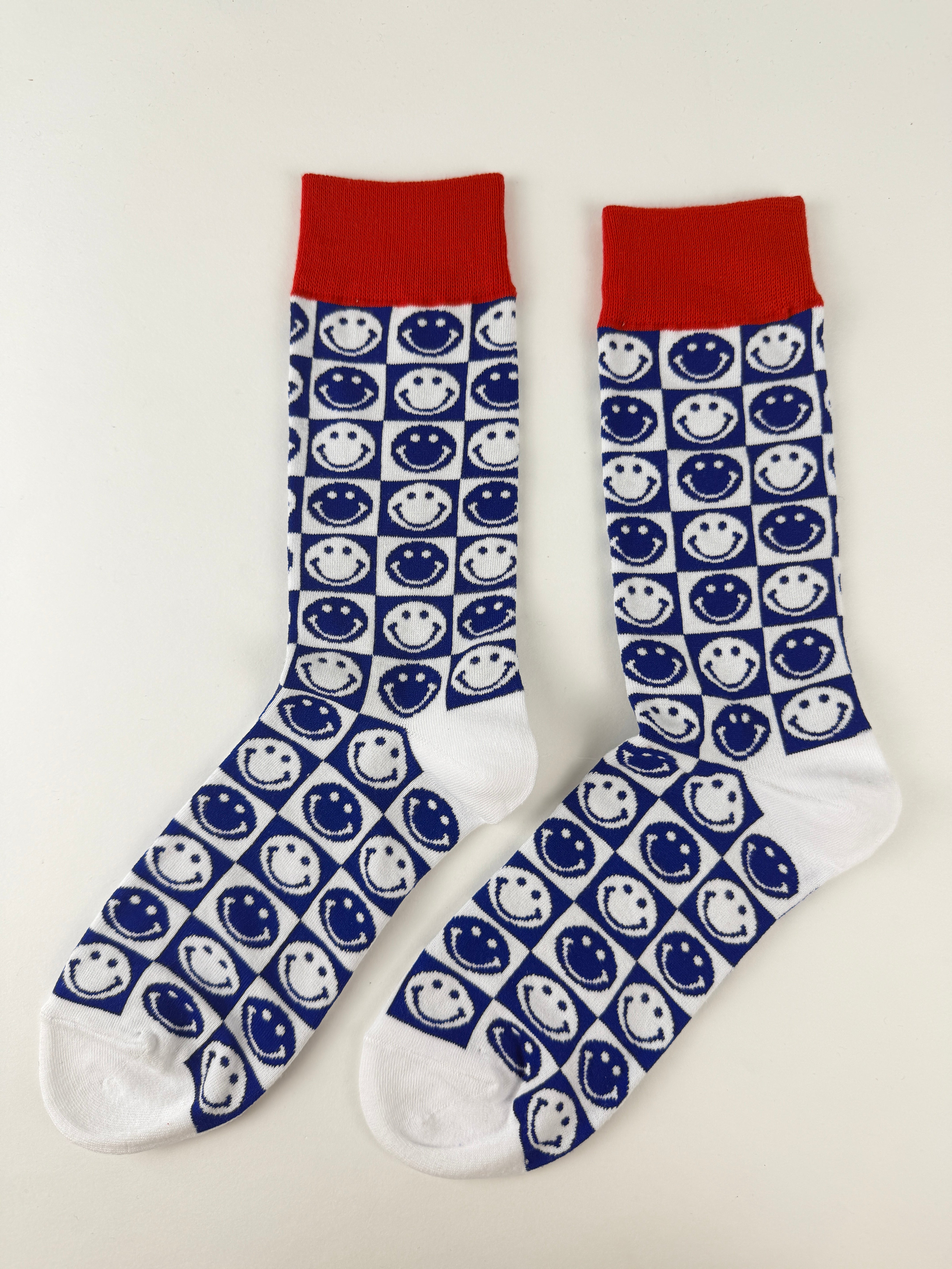 Blue Checkerboard Smiley Crew Socks