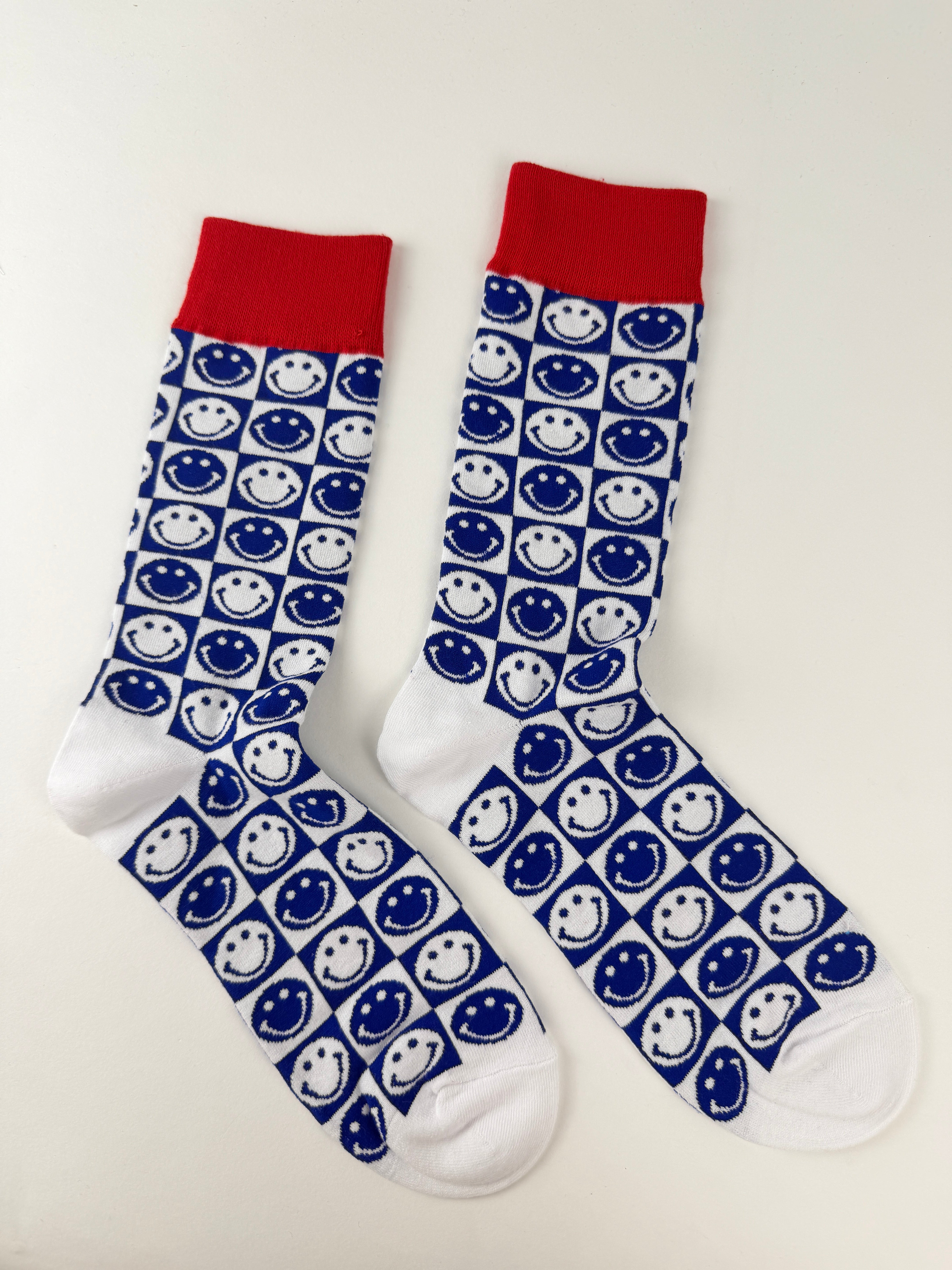 Blue Checkerboard Smiley Crew Socks