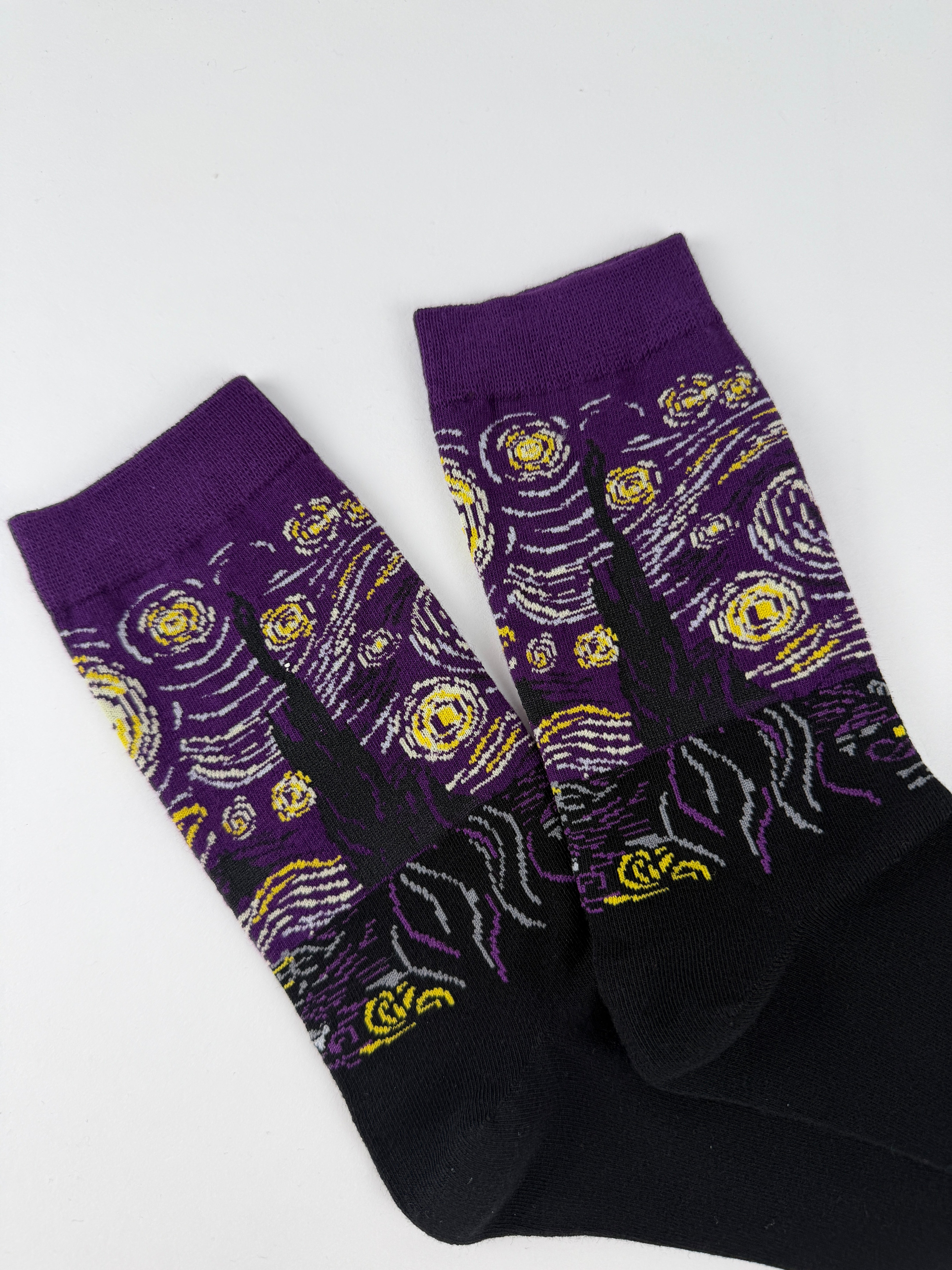 Oil Painting Collection – Purple Starry Night Van Gogh Art Crew Socks
