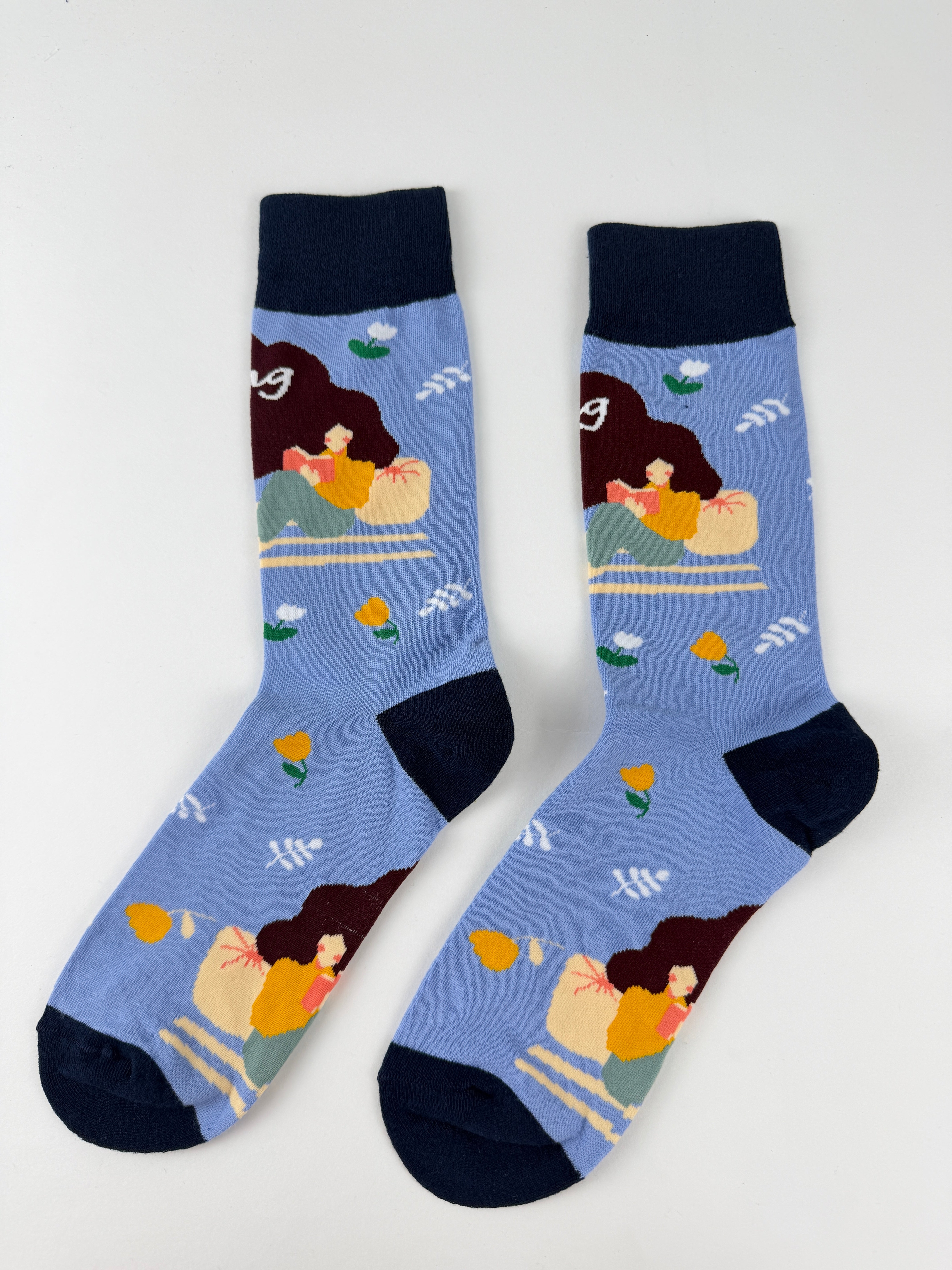 Illustration Collection – Girl Reading Book Floral Crew Socks
