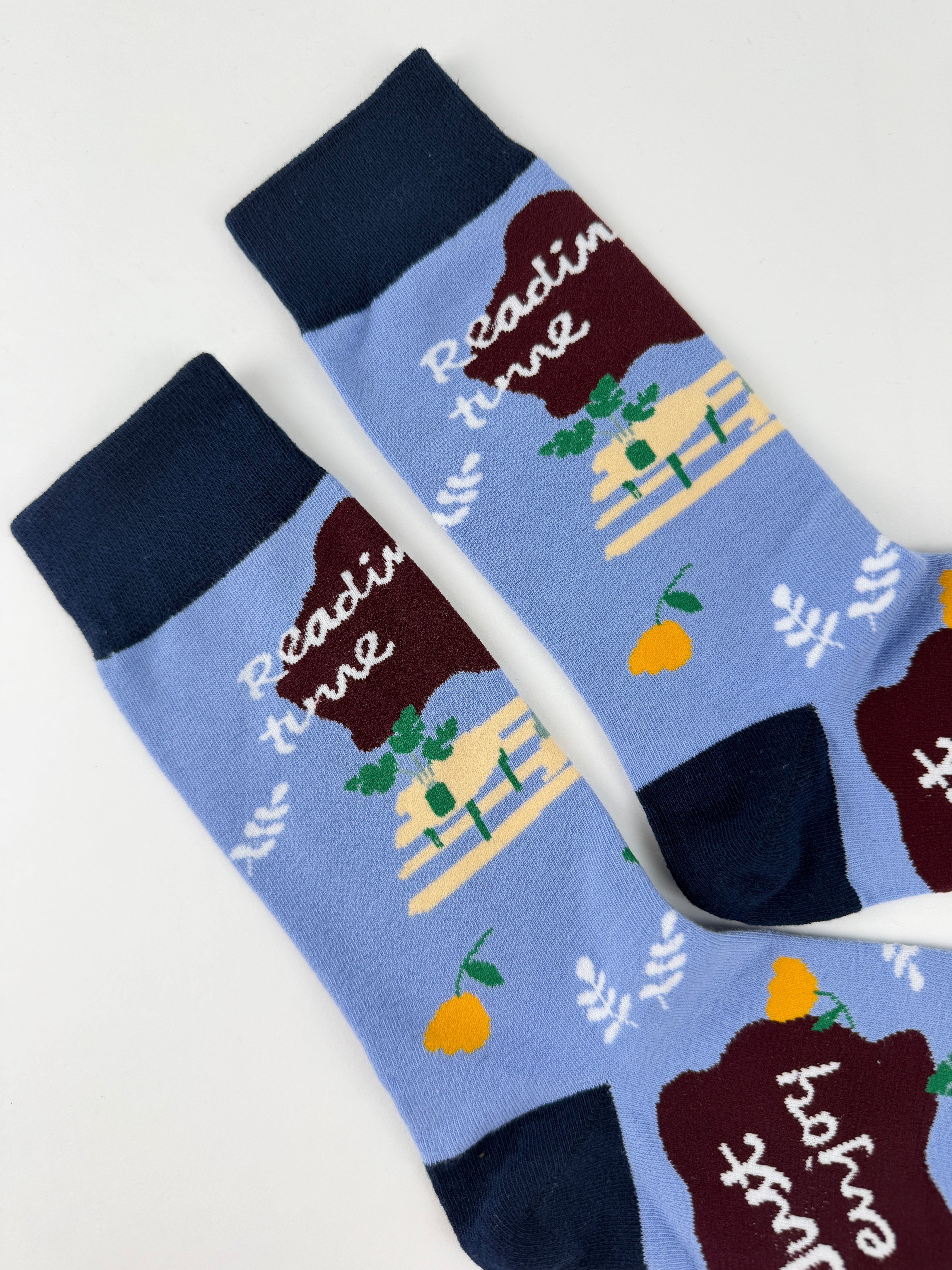 Illustration Collection – Girl Reading Book Floral Crew Socks