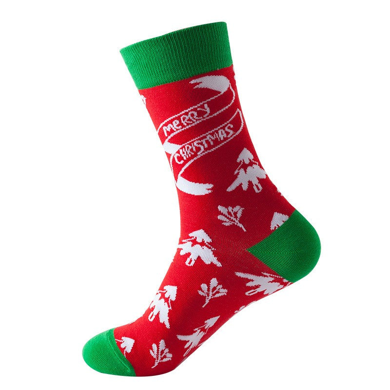 Red Christmas-themed sock with green cuffs and toes on a white background