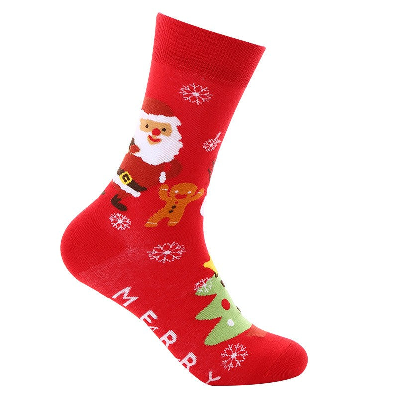 Red crew socks with Santa, gingerbread man, snowflakes, and Christmas tree design