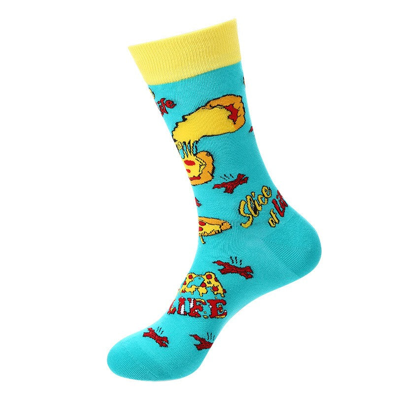 Blue pizza slice patterned food socks with “Slice of Life” text