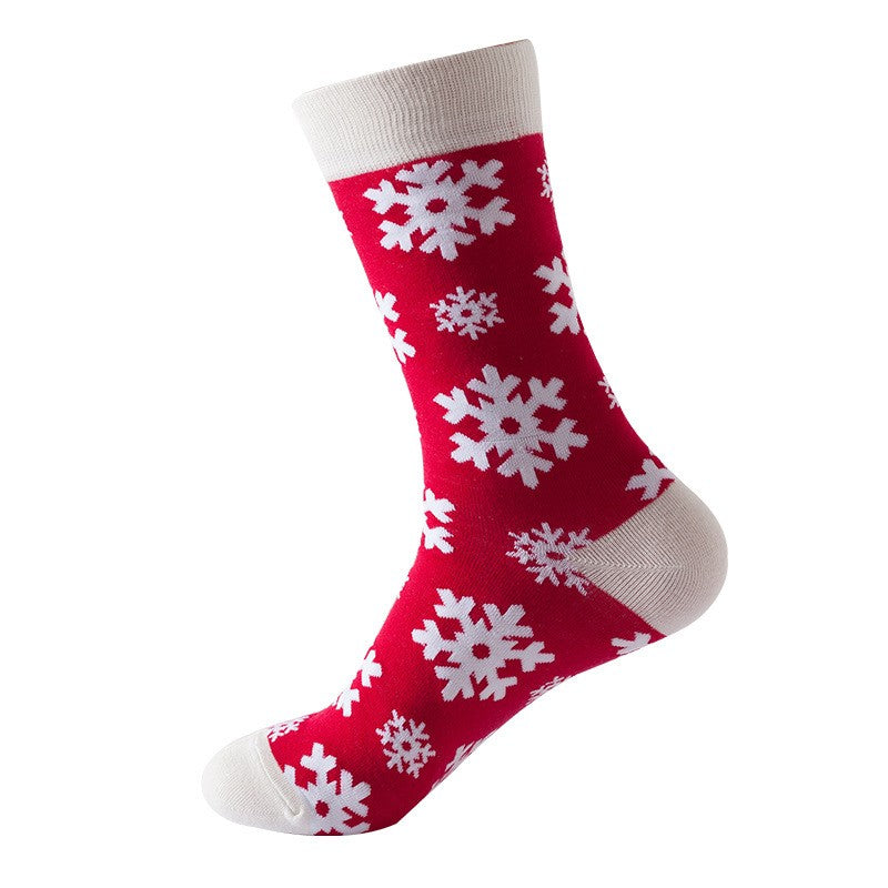 Red crew socks with white snowflake pattern, cream toe, heel, and cuff – unisex holiday winter socks