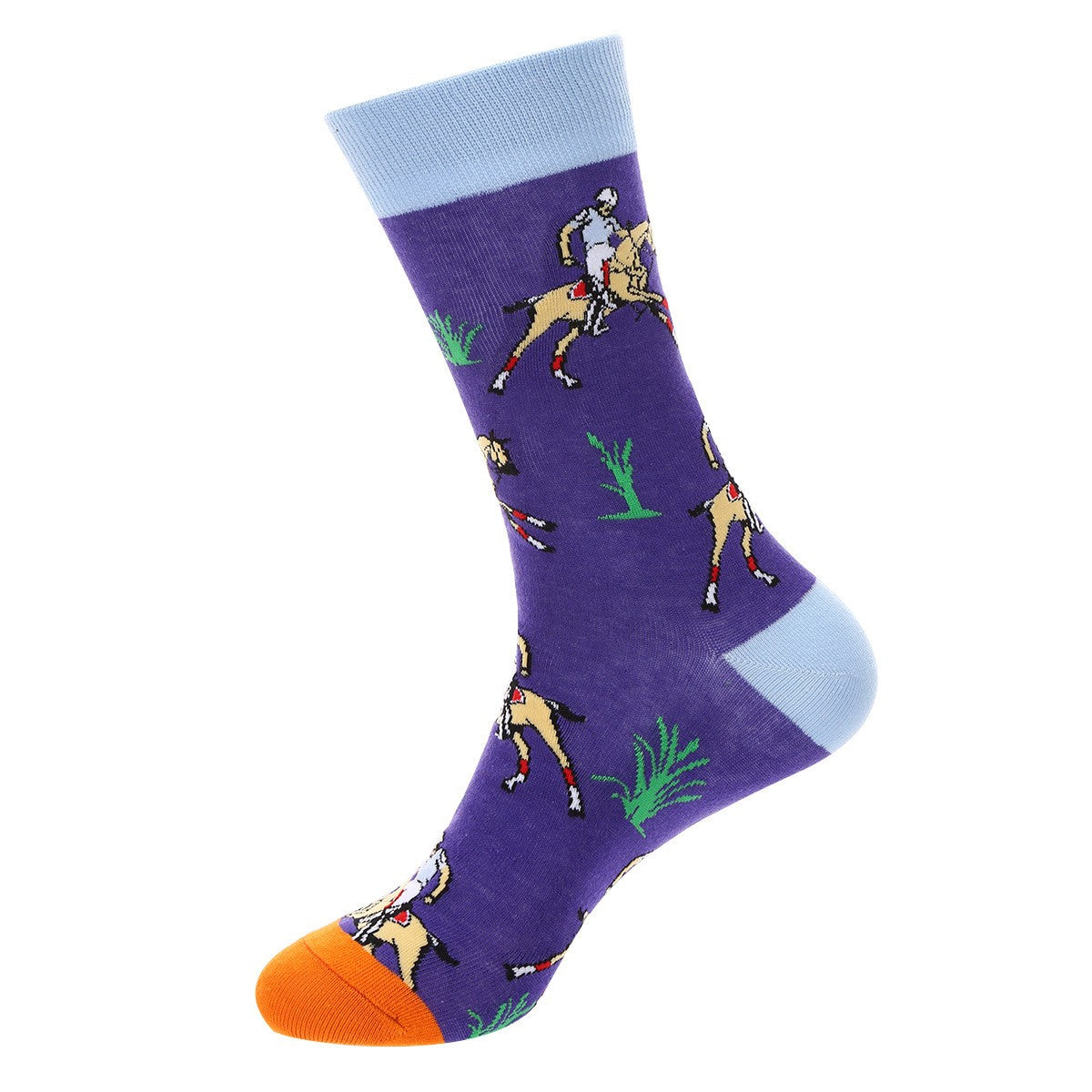 Purple crew sock with horse and rider pattern, light-blue cuff and heel, orange toe — animal themed