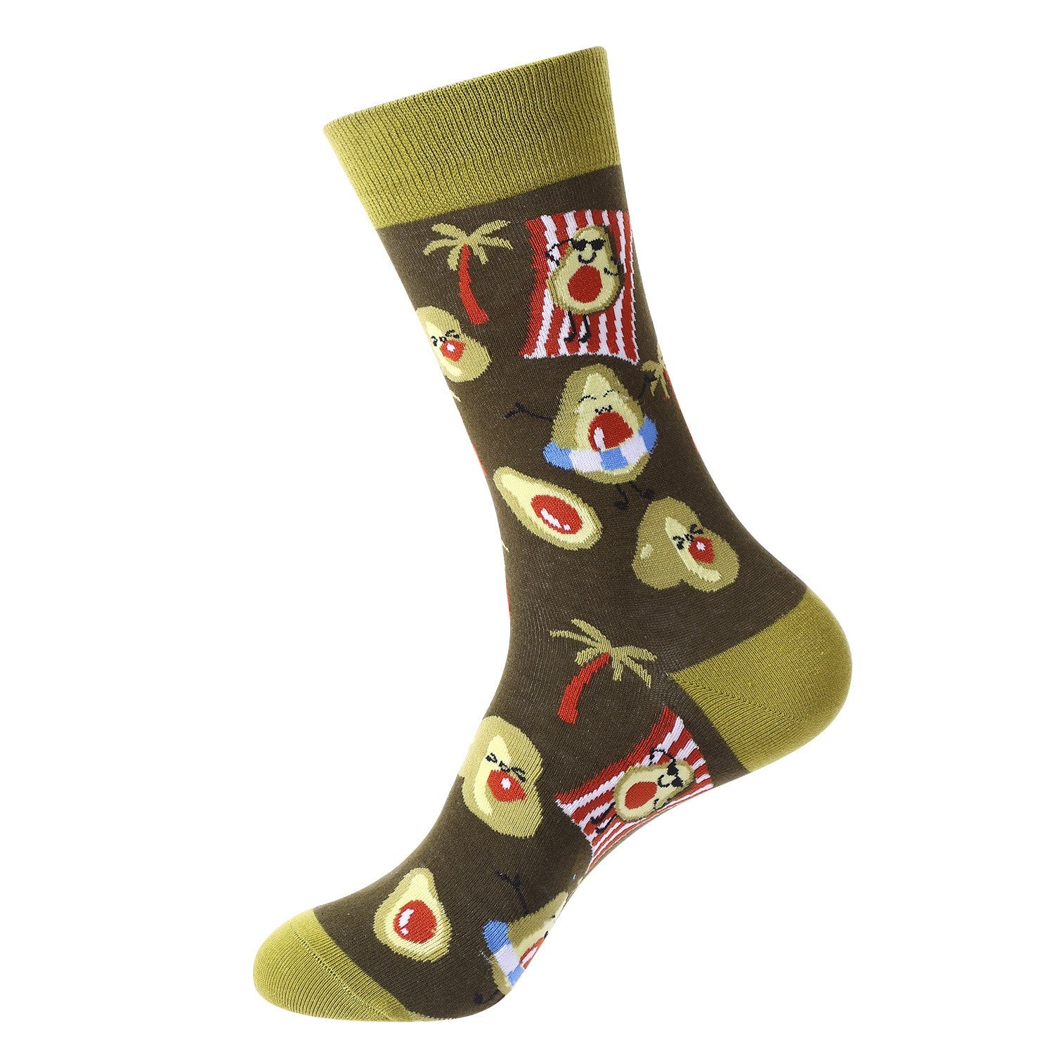 Brown novelty socks with playful avocado beach design and palm tree print – unisex avocado socks
