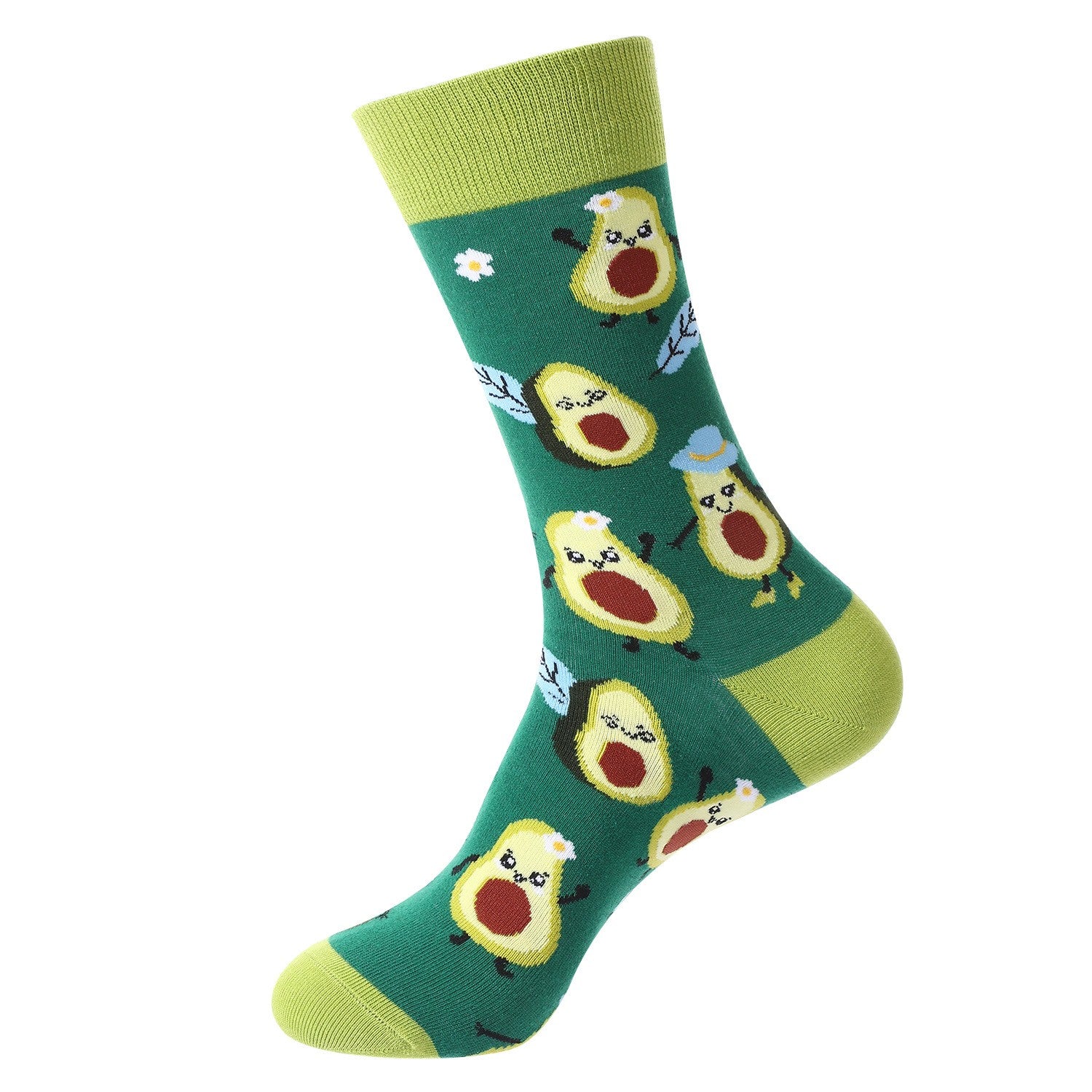 Green socks with cute avocado characters wearing hats and flowers – unisex novelty food socks