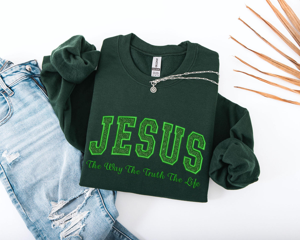 Glitter Embroidered JESUS Adult Sweatshirt