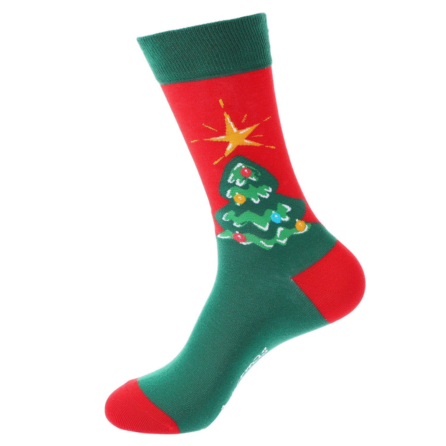 Christmas socks with green tree and star on red background β festive red and green unisex crew socks