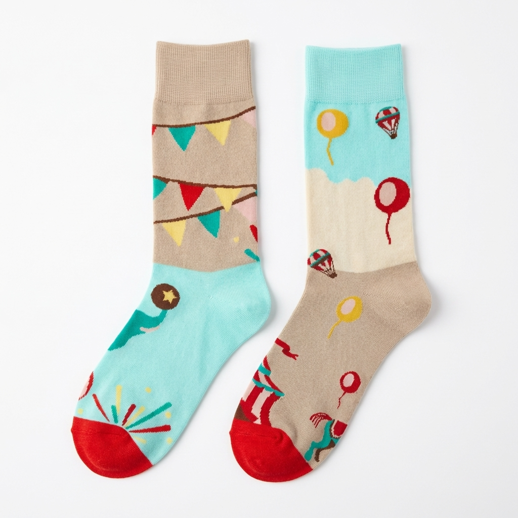 Two colorful socks with festive designs on a white background