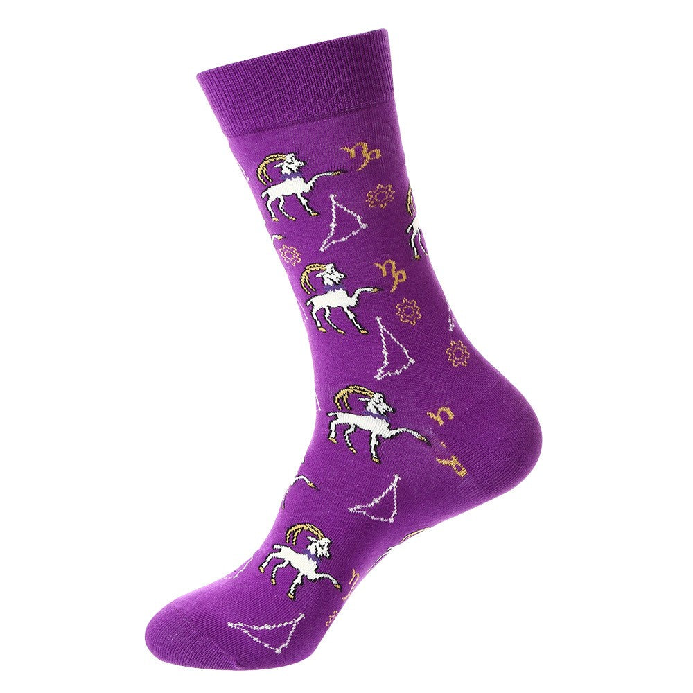 Purple constellation socks with Capricorn zodiac goat and star patterns – unisex cotton crew socks