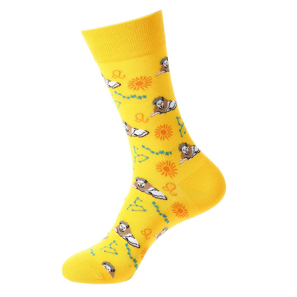 Yellow constellation socks with Leo zodiac lion, stars, and sun patterns – unisex crew cotton blend