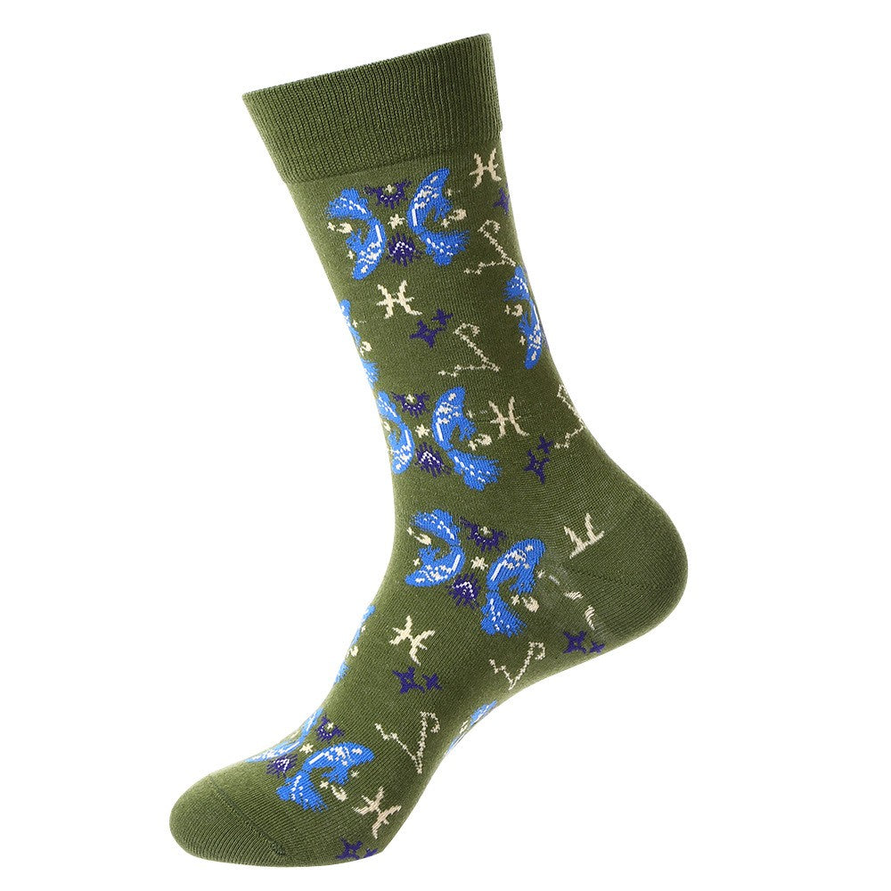 Green constellation socks with Pisces zodiac fish and star patterns – unisex cotton crew socks
