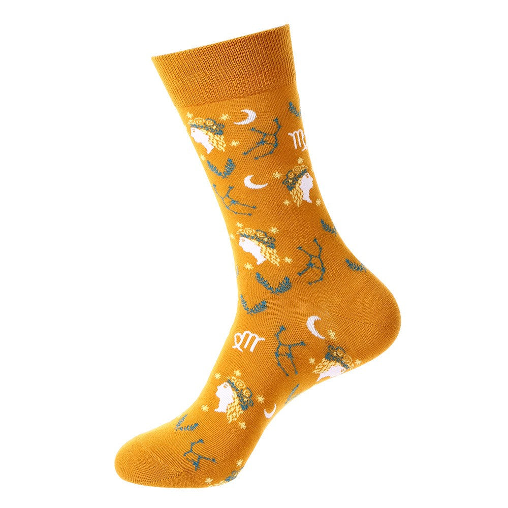 Mustard yellow constellation socks with Virgo zodiac goddess, stars, and moons – unisex cotton crew socks