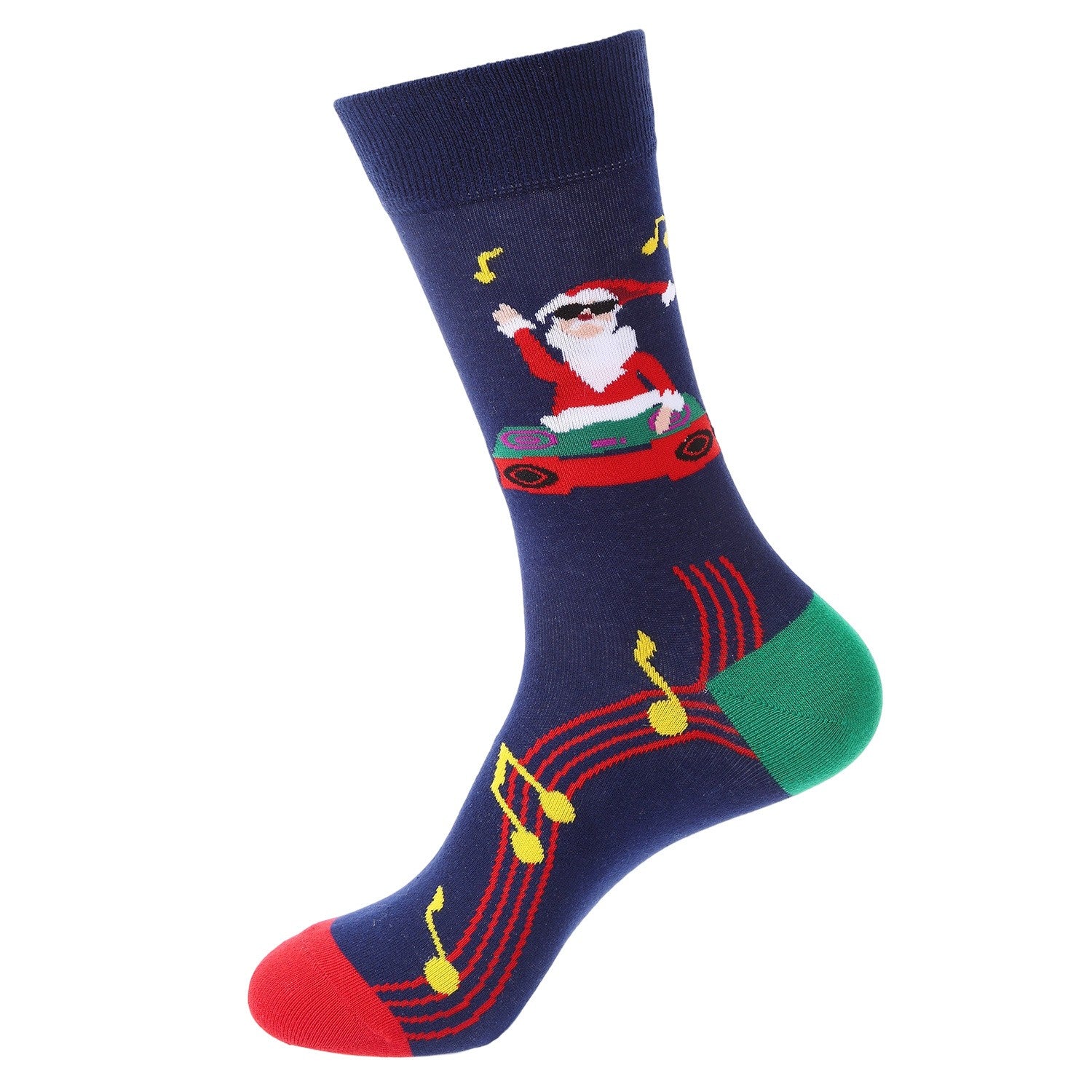 Navy blue crew socks with DJ Santa and musical notes, red toe and green heel β festive unisex Christmas socks for music lovers