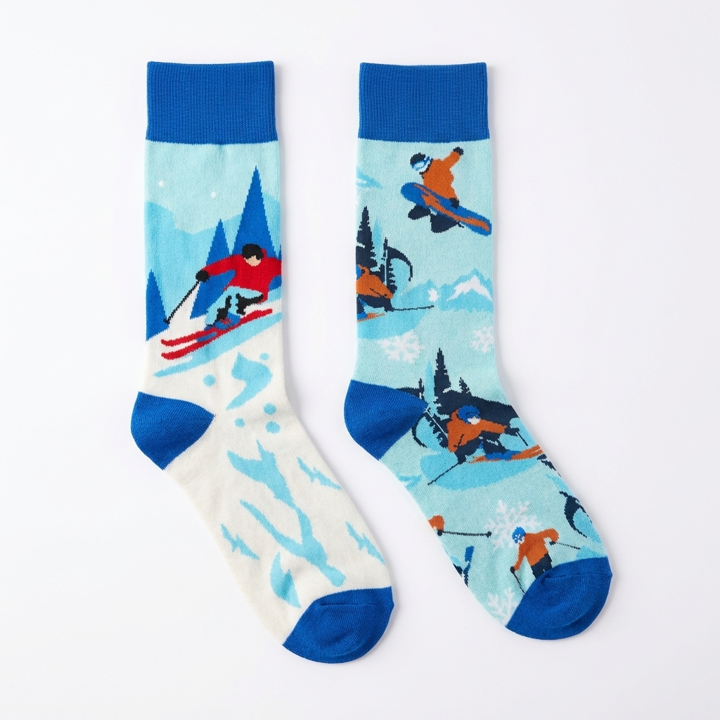 Two socks with skiing designs on a white background