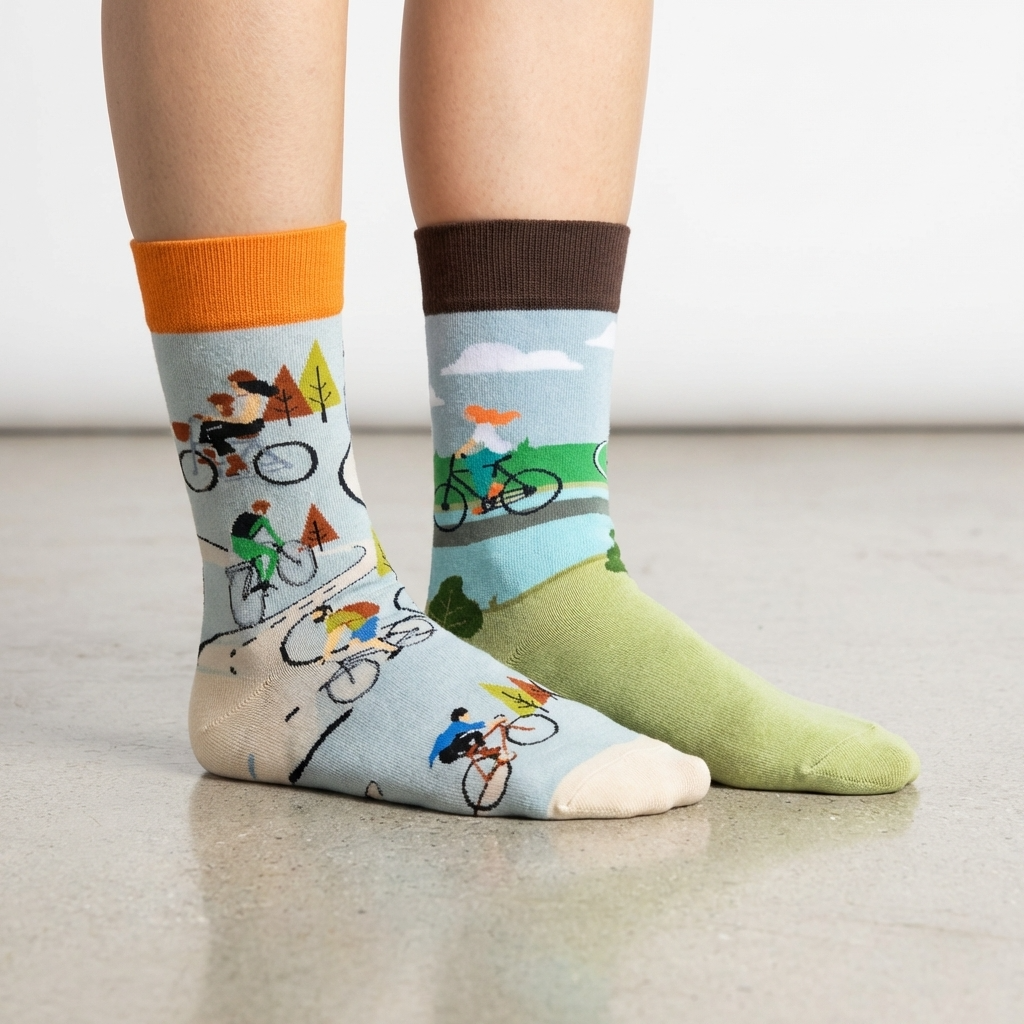 Colorful socks with bicycle design worn by a person on a light background