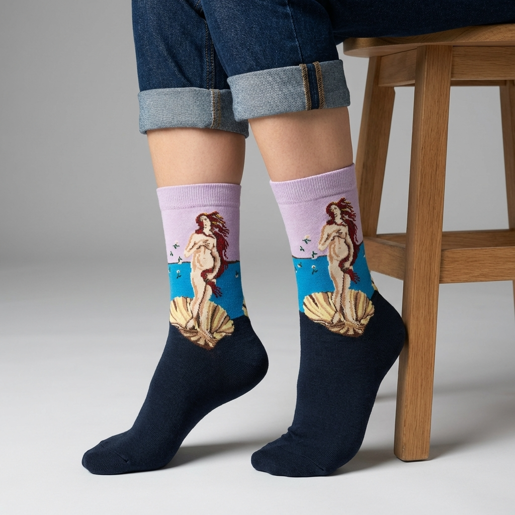 Person wearing socks with classical design on a neutral background