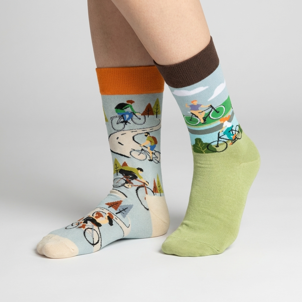 Colorful socks with bicycle design worn by a person on a light gray background