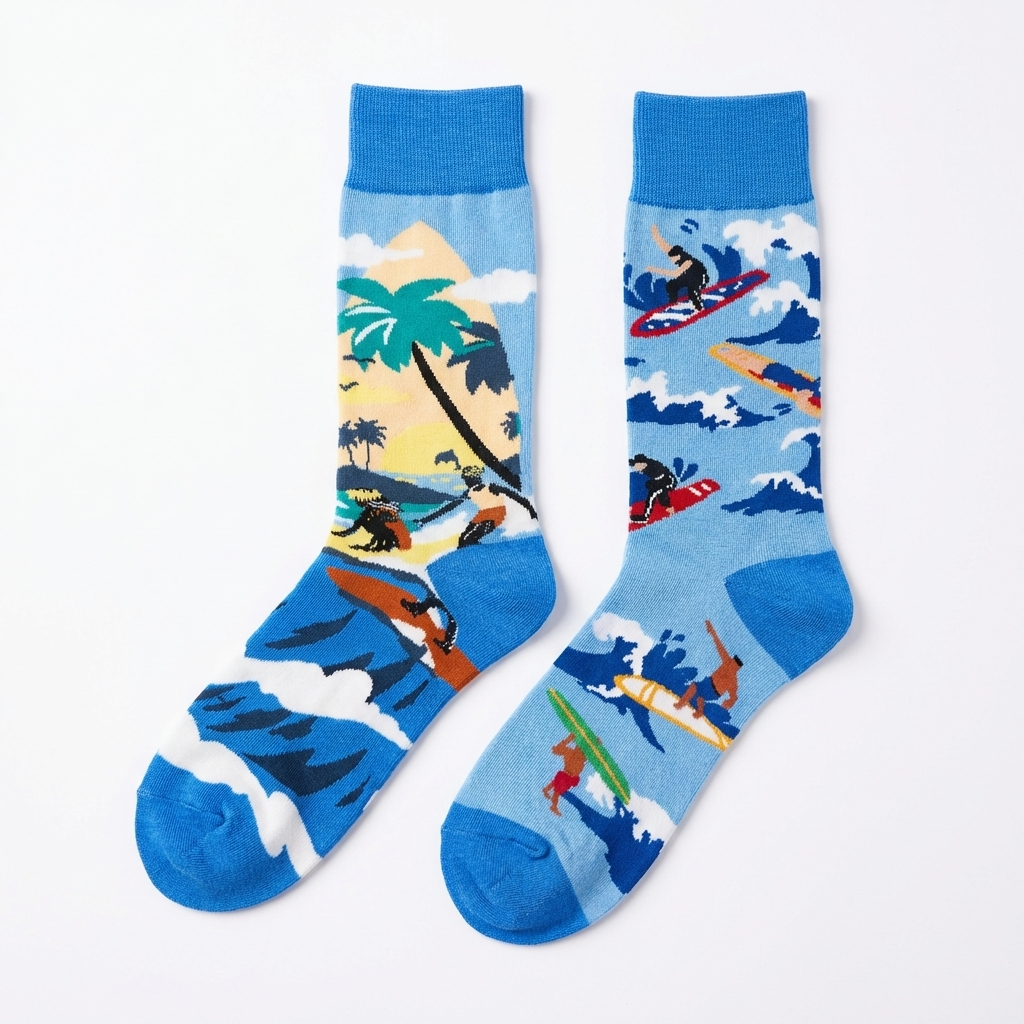 Two socks with surfing design on a white background