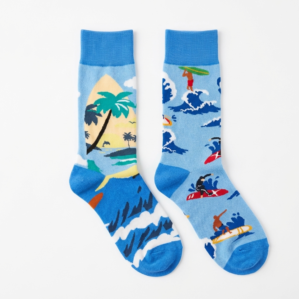Two socks with beach-themed designs on a white background