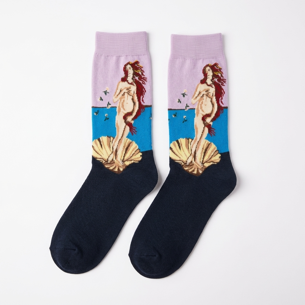 Birth of Venus painting art crew socks with ocean and seashell design