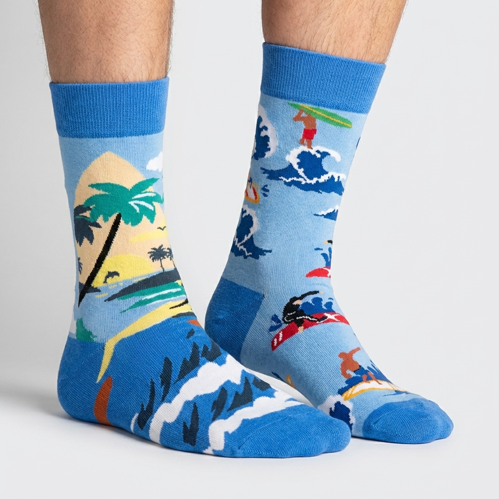 Colorful socks with beach-themed design on a light gray background