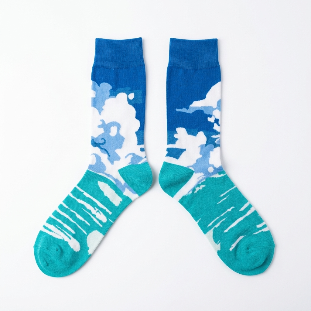 Pair of socks with cloud and wave design on a white background