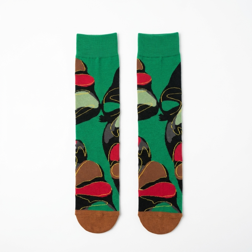 Colorful socks with abstract design on a green background