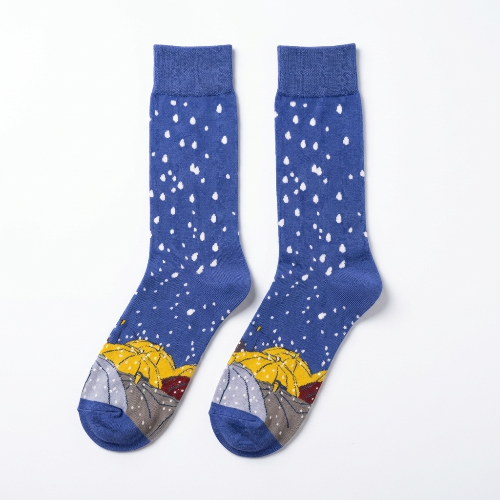 Pair of blue socks with raindrop