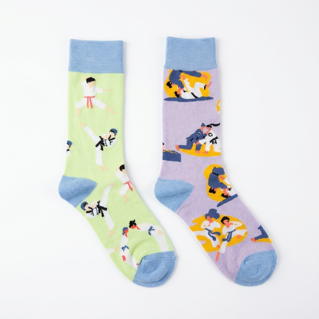 Two socks, one green and one purple, with cartoon character patterns on a white background.