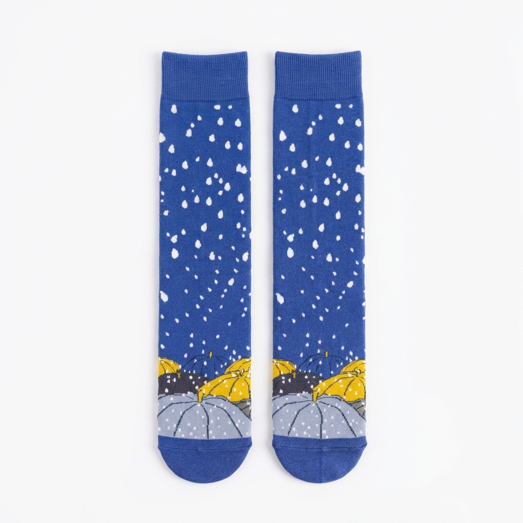 Blue socks with rain pattern and yellow umbrellas on a white background