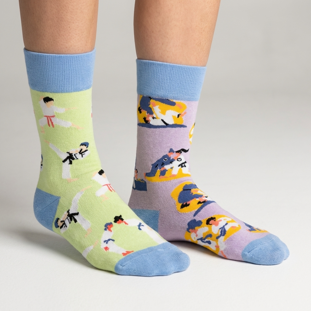 Colorful socks with cartoon designs worn by a person on a neutral background