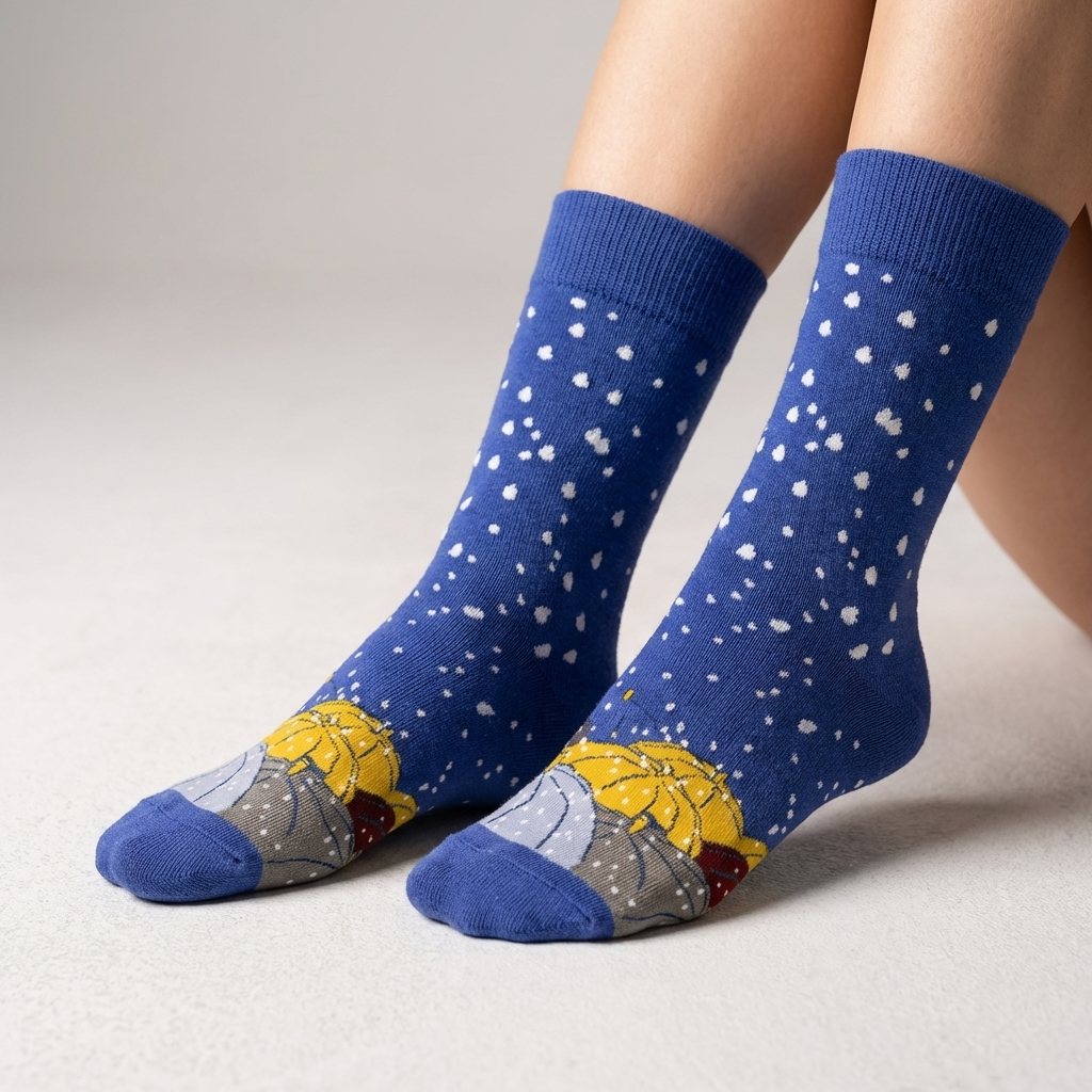 Blue socks with rain patterns worn by a person on a light gray background