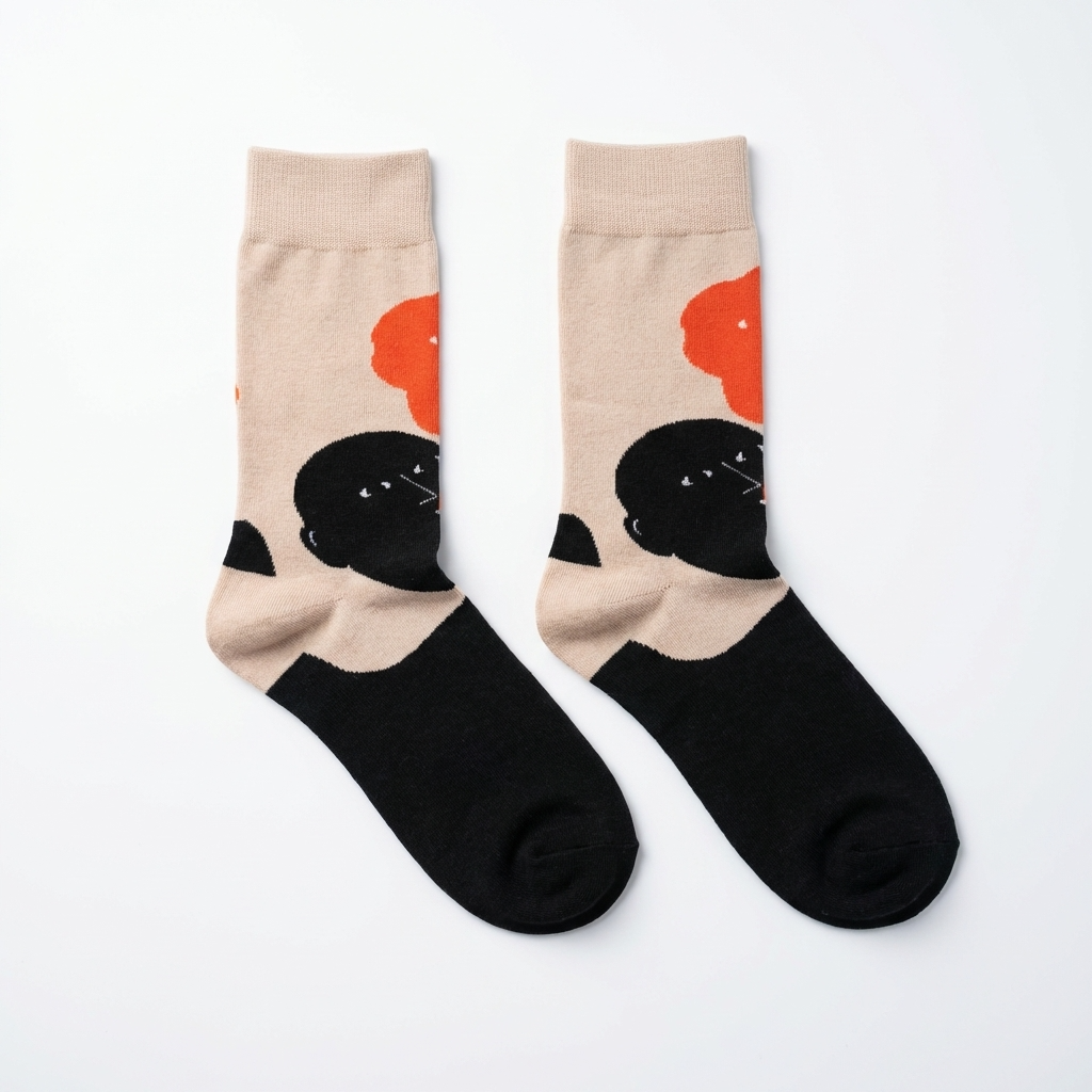 Pair of socks with black cat design on a beige background