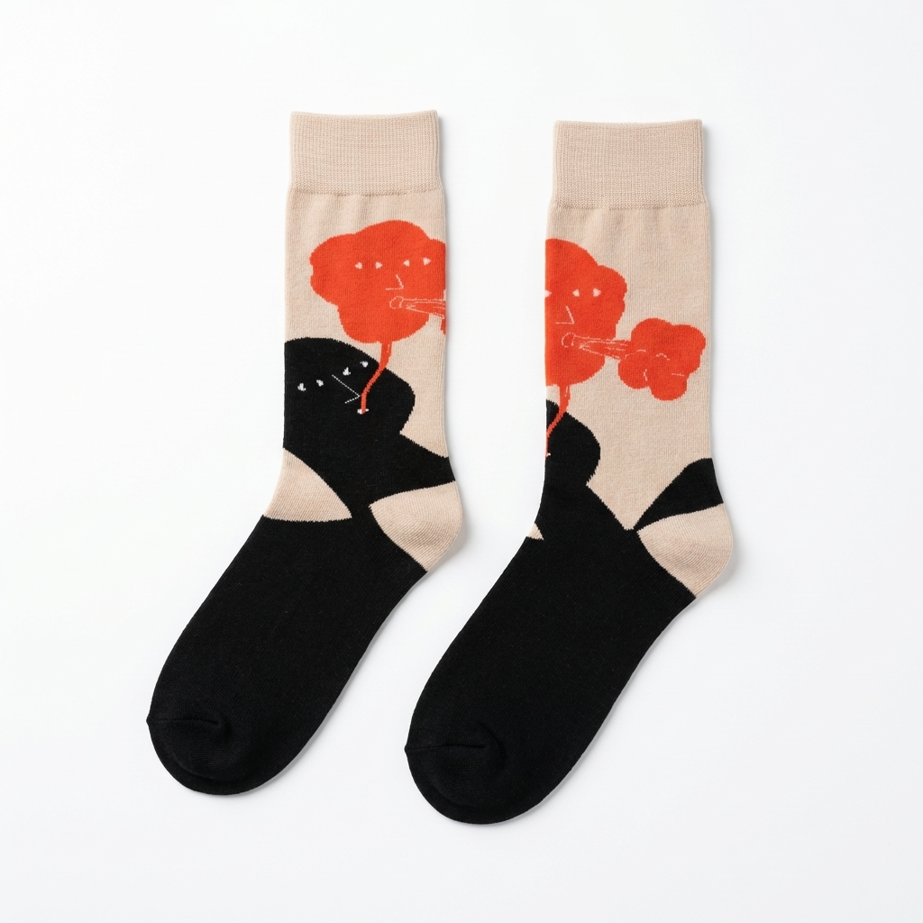 Pair of socks with black cats and red flowers on beige background