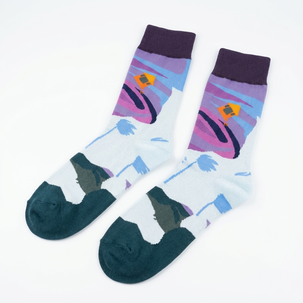 Colorful socks with abstract patterns on a white background