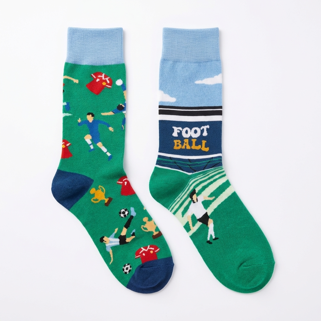 Two socks with soccer-themed designs on a white background